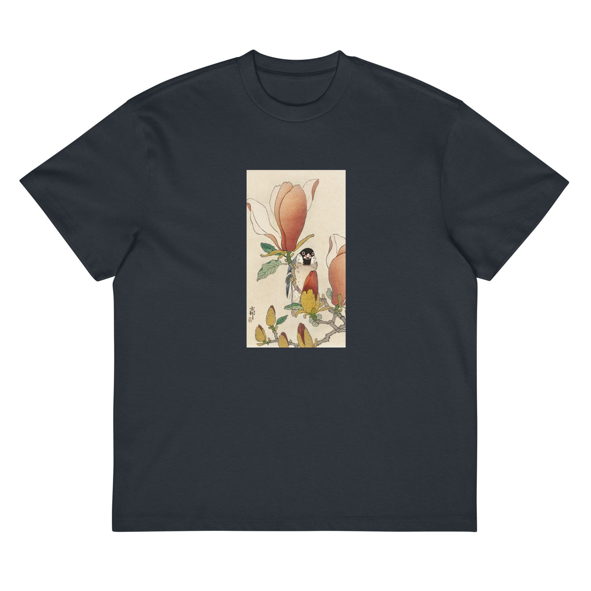 Navy T-shirt Sparrow On Blooming Magnolia Branch - Ohara Koson 1900 Signature