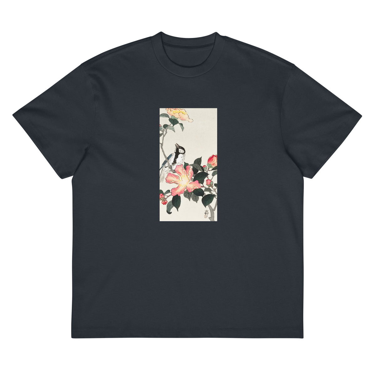 Navy T-shirt Great Tit On Branch With Pink Flowers - Ohara Koson 1900 Signature