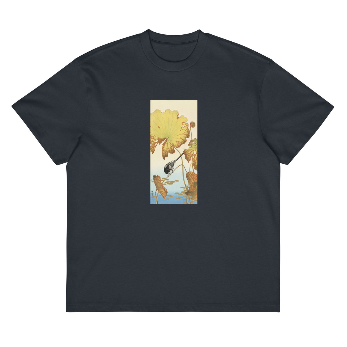Navy T-shirt Japanese Wagtail On Lotus Plant - Ohara Koson 1925 Signature