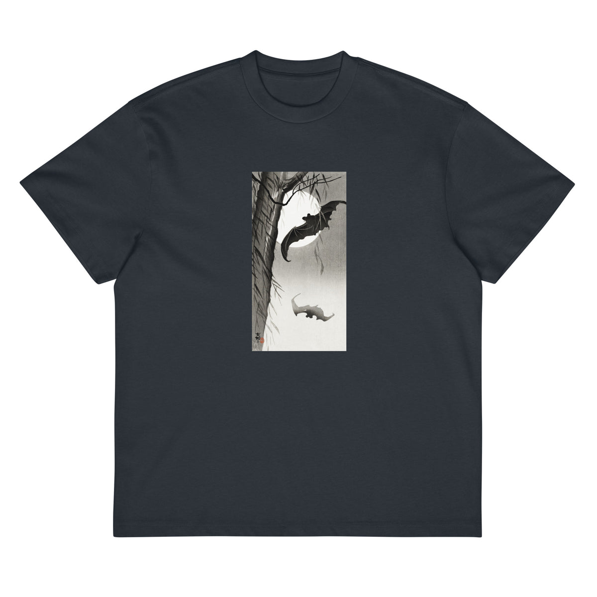 Navy T-shirt Bats Under The Full Moon - Ohara Koson 1900 Signature