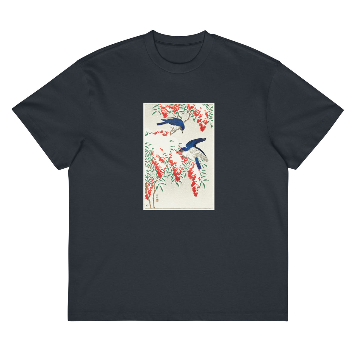 Navy T-shirt Flycatchers On A Nandina Bush - Ohara Koson 1925 Signature
