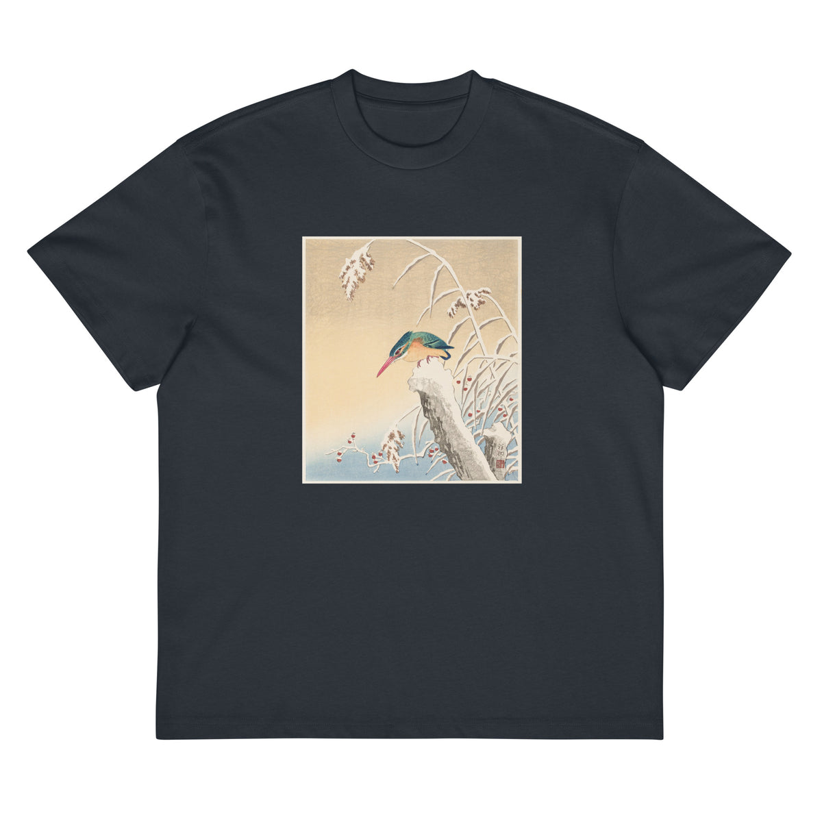 Navy T-shirt Kingfisher In The Snow - Ohara Koson 1925 Signature