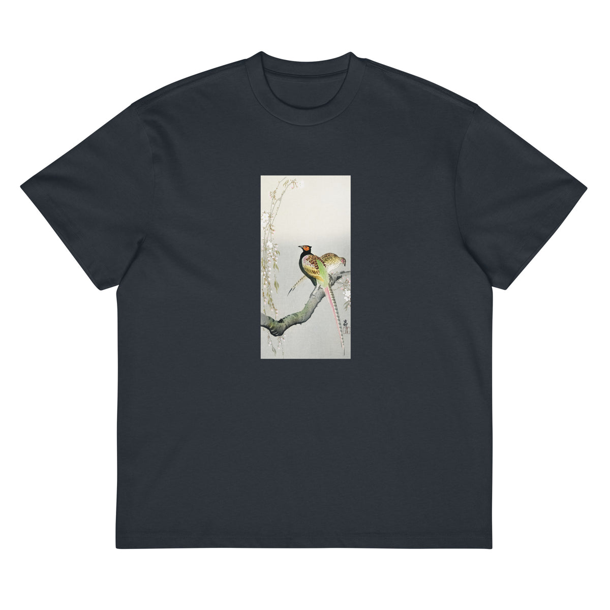 Navy T-shirt Couple Pheasants And Cherry Blossom - Ohara Koson 1900 Signature