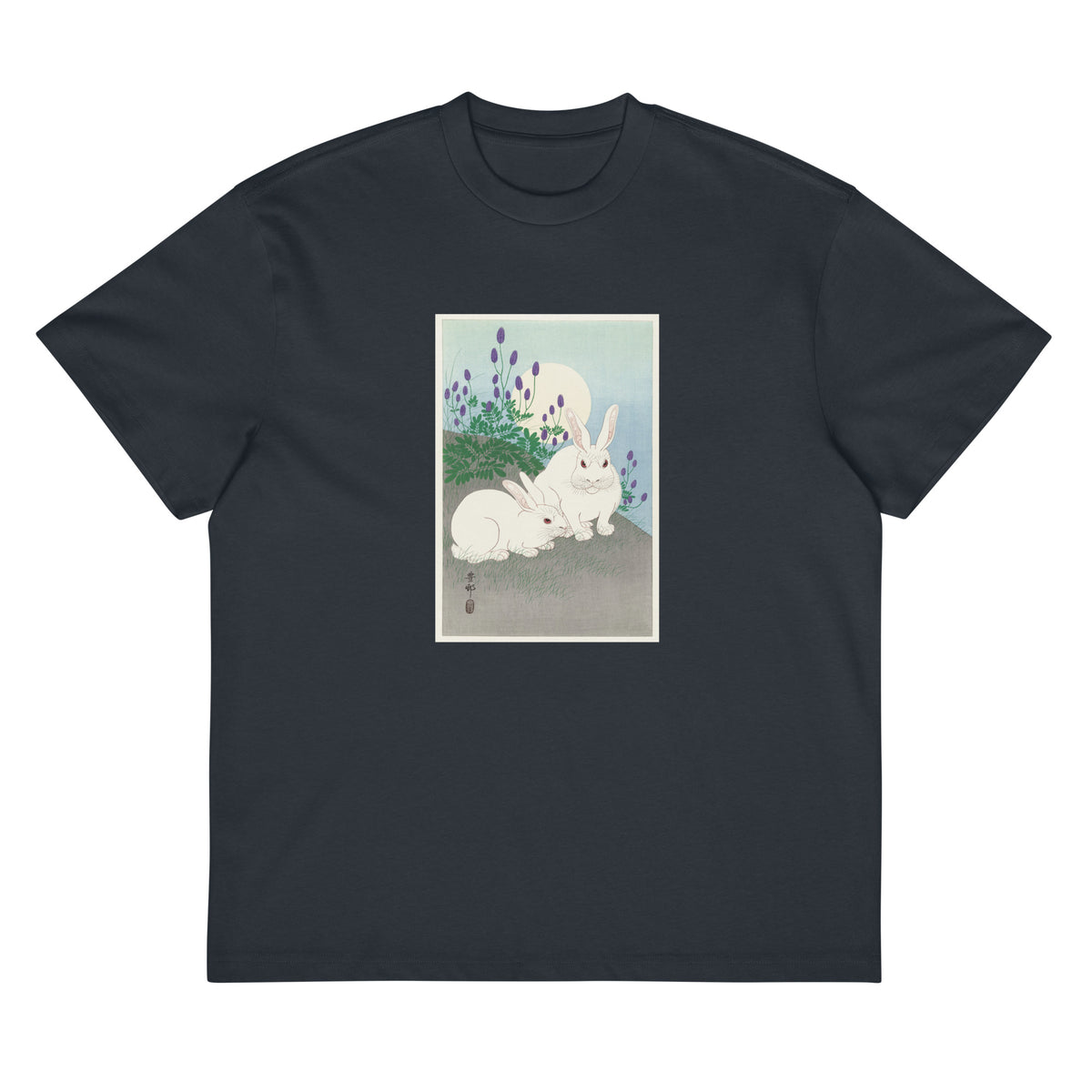Navy T-shirt Rabbits At Full Moon - Ohara Koson 1920 Signature