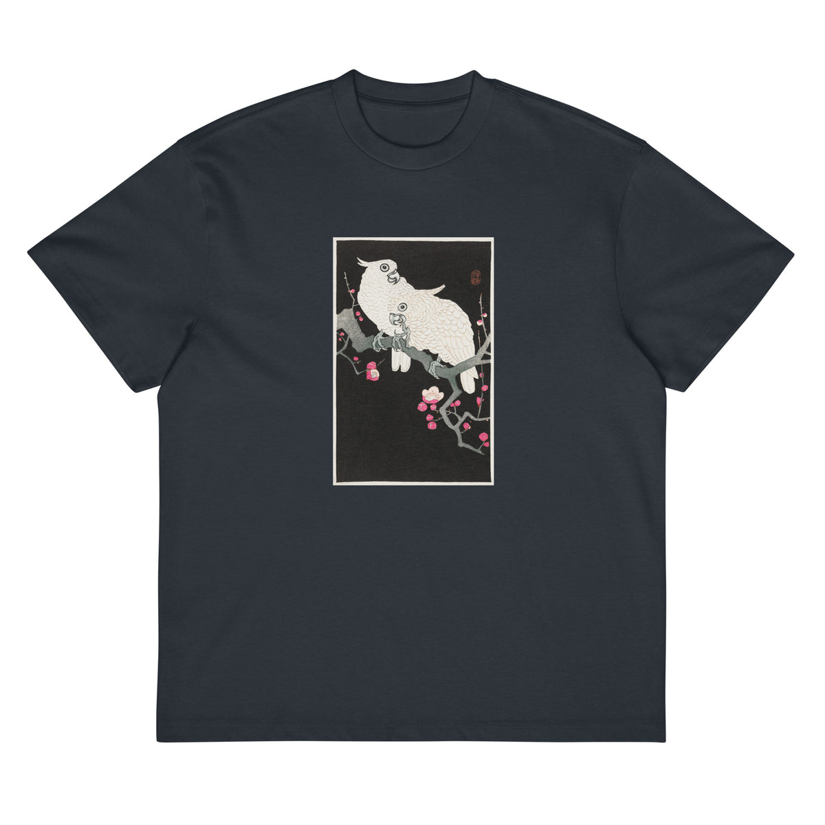 Navy T-shirt Two Cockatoo And Plum Blossom - Ohara Koson 1925 Signature