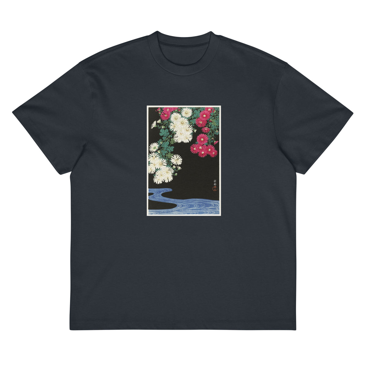 Navy T-shirt Chrysanthemums - Ohara Koson 1925 Signature