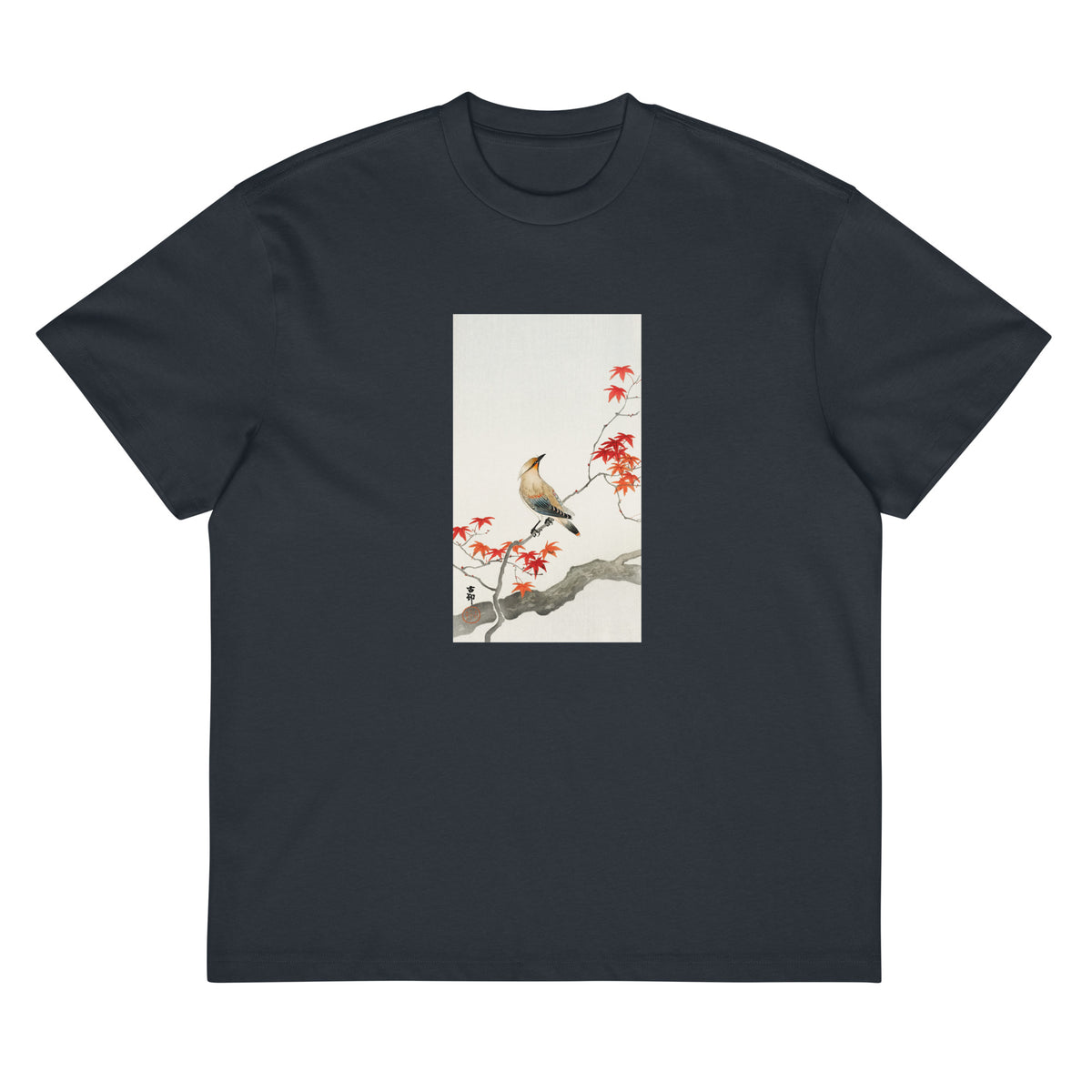 Navy T-shirt Japanese Plague Bird On Maple - Ohara Koson 1900 Signature