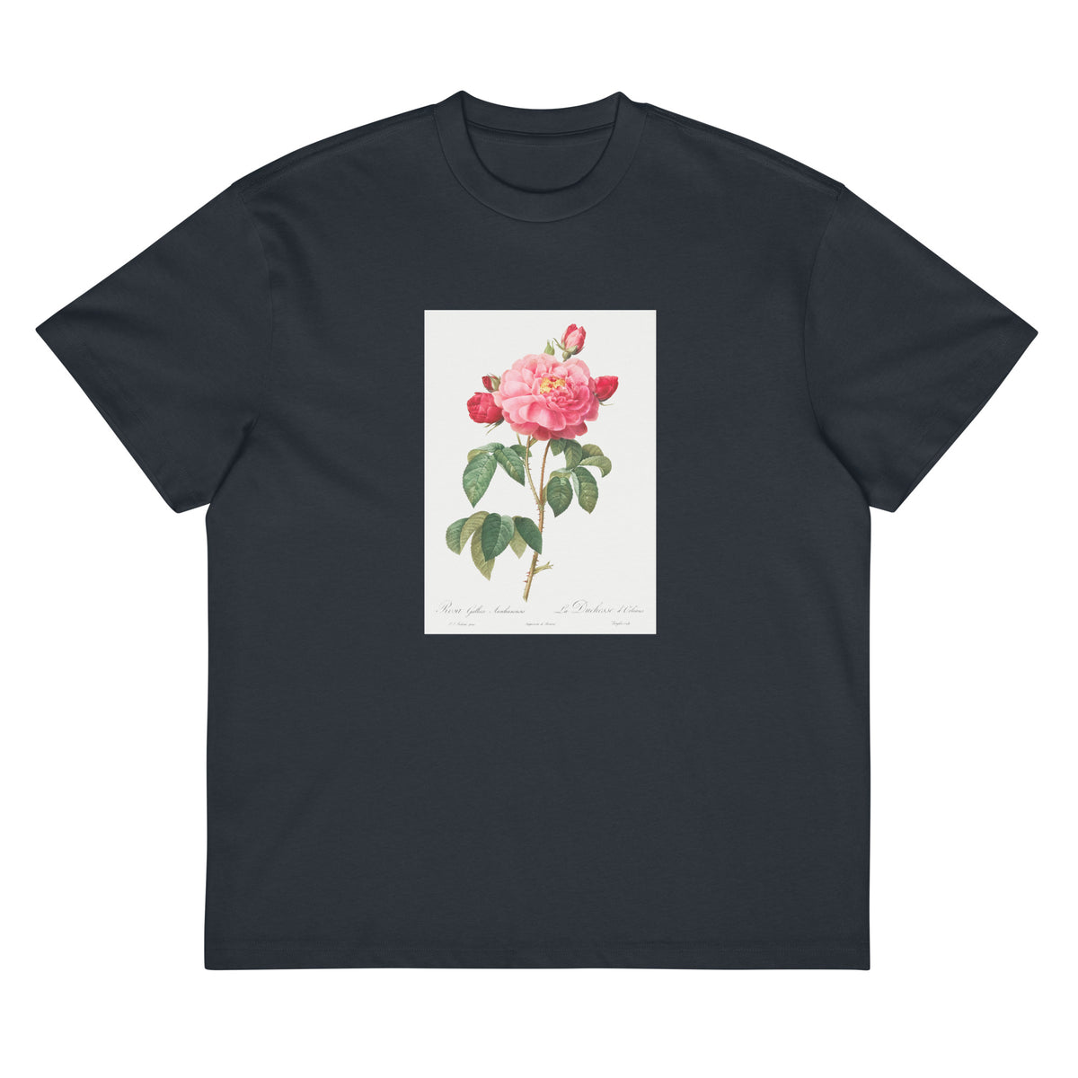 Navy T-shirt Gallic Rose Also Known As The Duchess Of Orleans Rosa Gallica Aurelianensis Signature