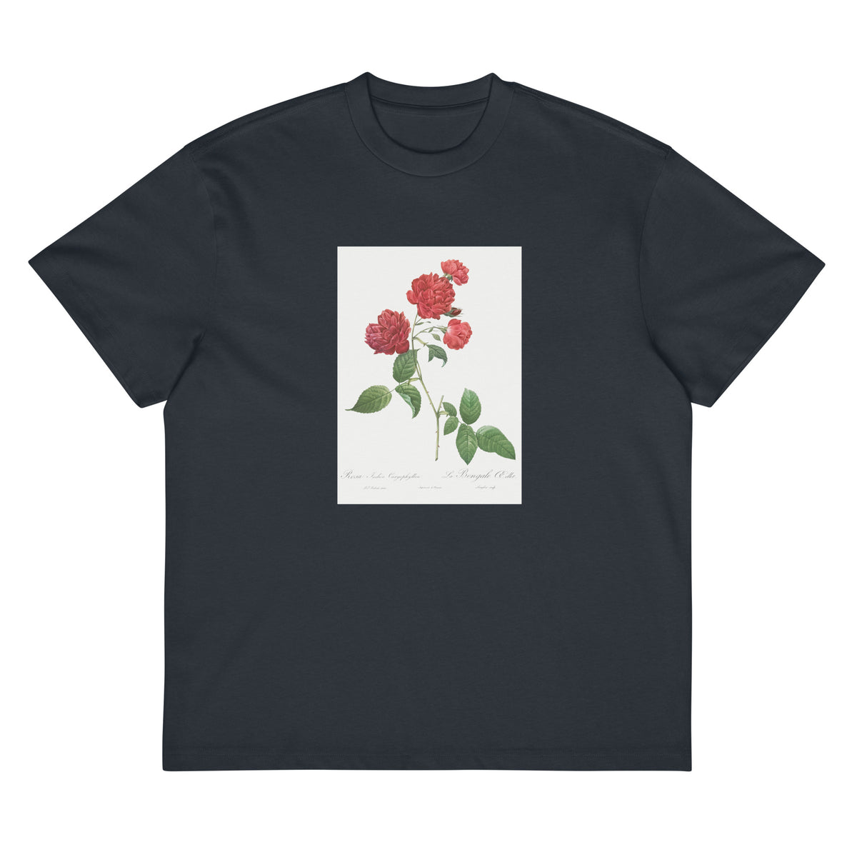 Navy T-shirt Red Cabbage Rose Also Known As Bengal Eyelet Rosa Indica Caryophyllea - Pierre-Joseph Redoute Original From The Library Of Congress 1817 Signature