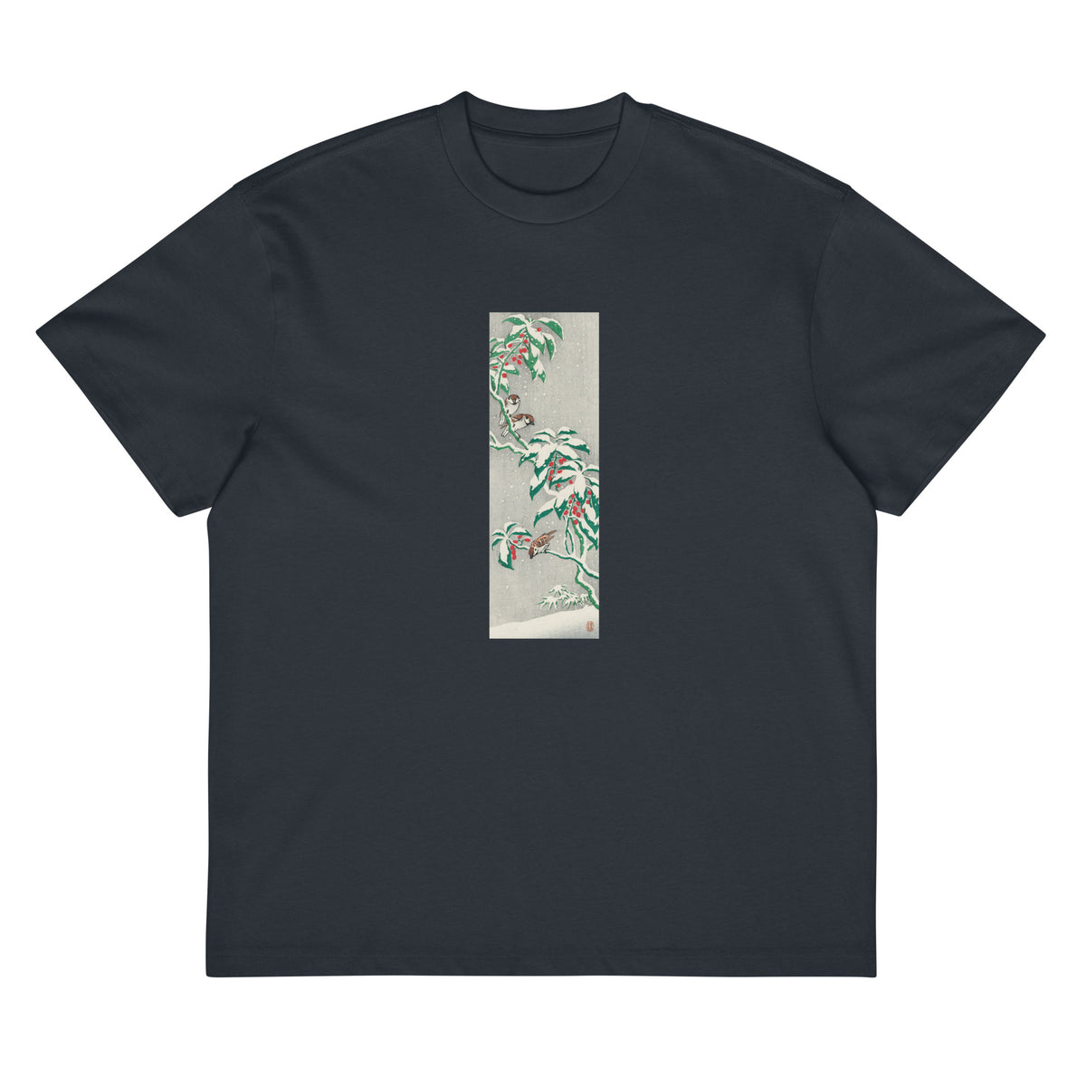 Navy T-shirt Sparrows On Snowy Berry Bush Signature