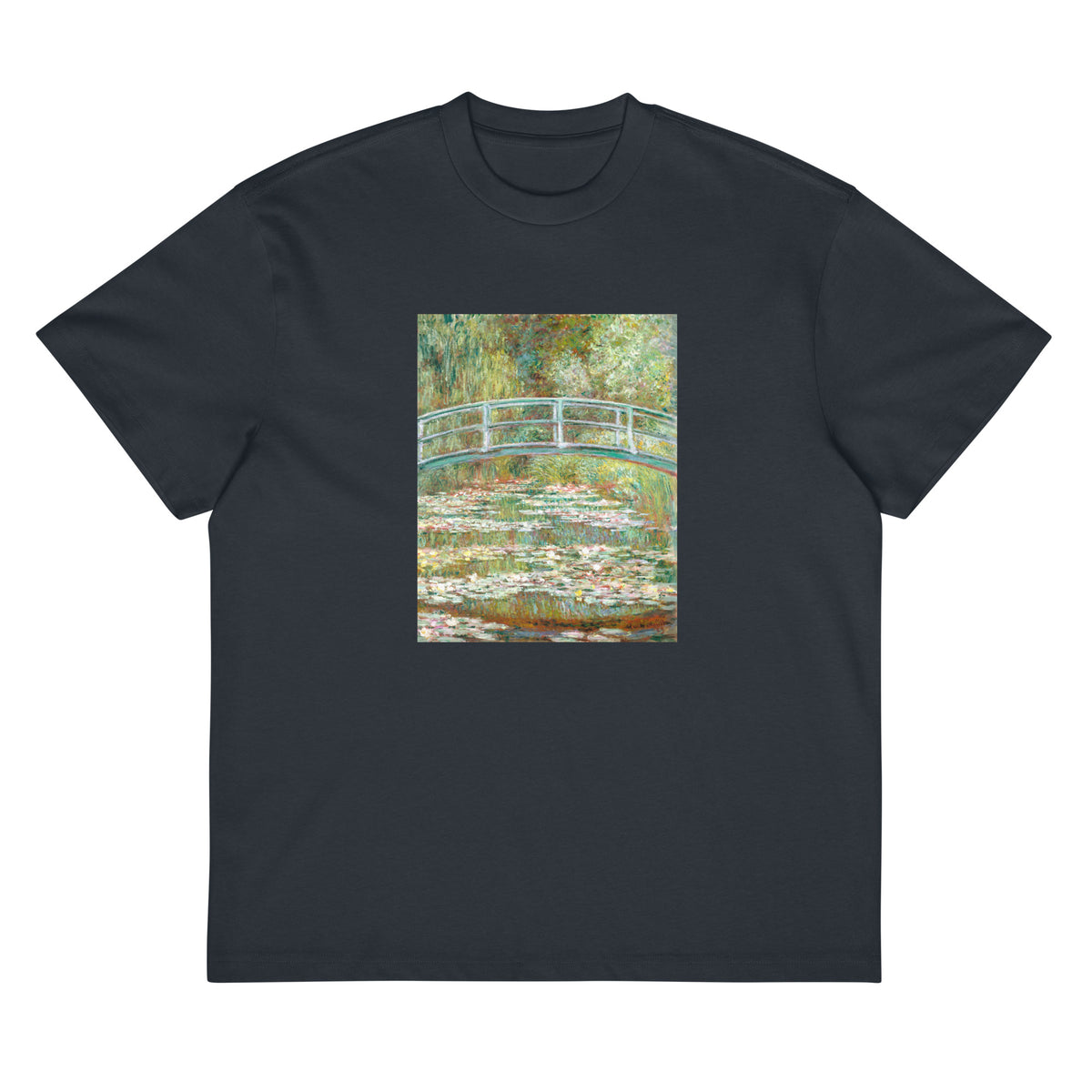 Navy T-shirt Bridge Over A Pond Of Water Lilies Signature