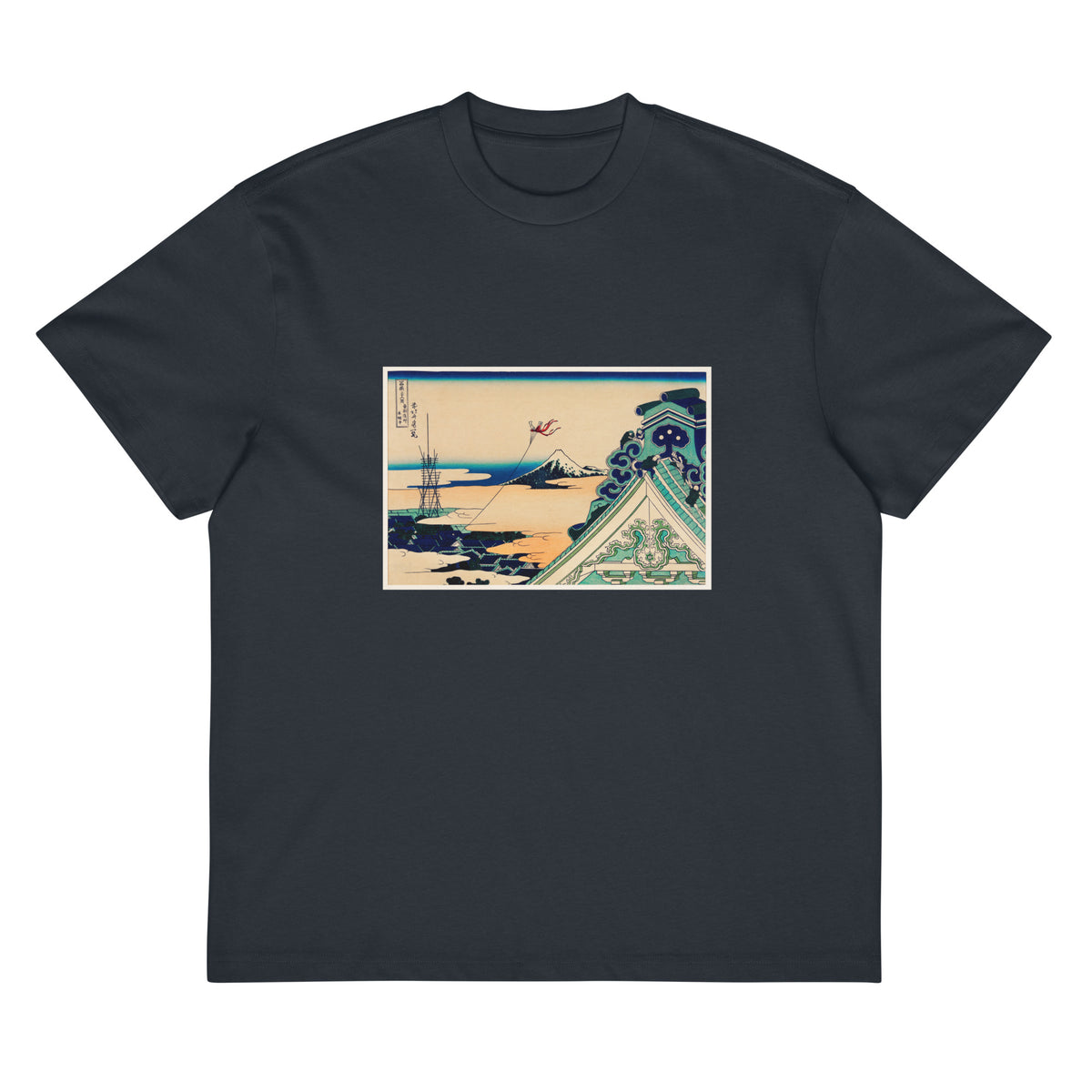 Navy T-shirt Toto Asakusa Honganji - Katsushika Hokusai 1760 Signature
