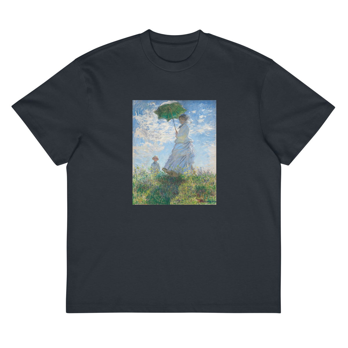 Navy T-shirt Claude Monet S Madame Monet And Her Son Woman With A Parasol Famous Painting Signature