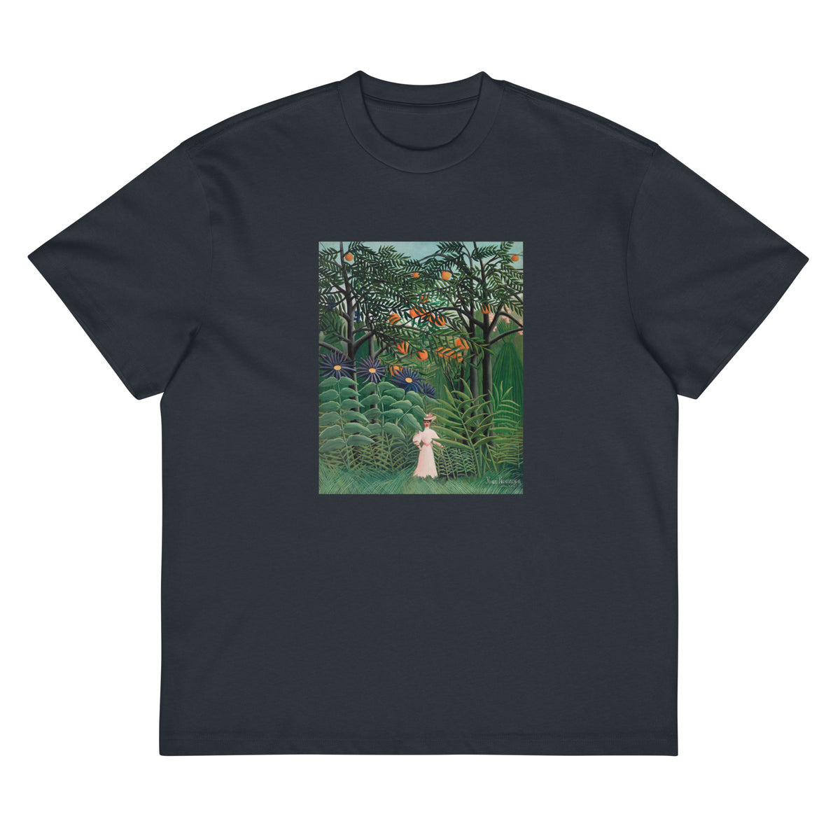 Navy T-shirt Woman Walking In An Exotic Forest Femme Se Promenant Dans Une Foret Exotique Signature