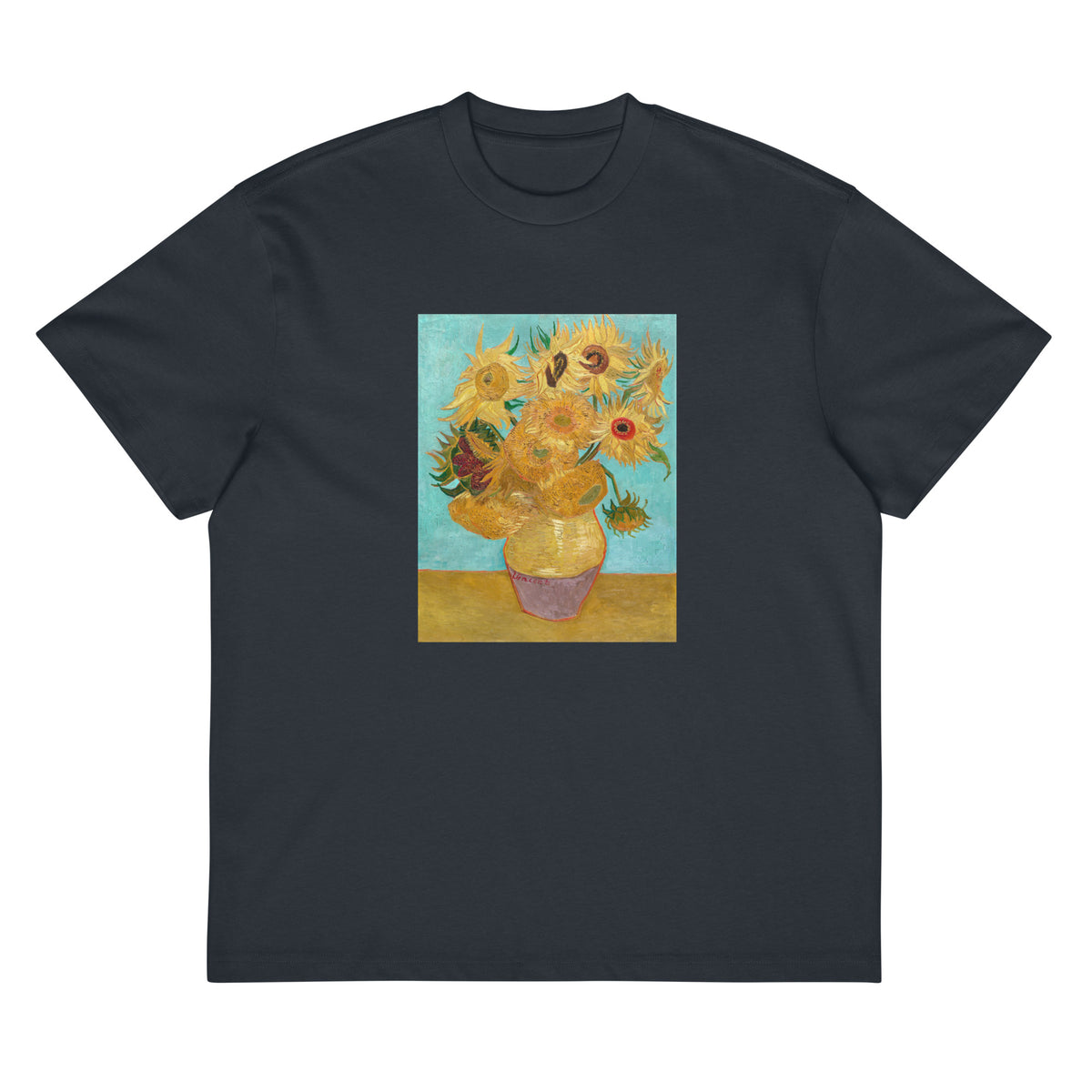 Navy T-shirt Vincent Van Gogh S Vase With Twelve Sunflowers Famous Painting Signature