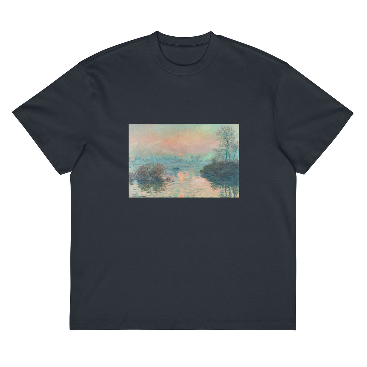 Navy T-shirt Sun Setting On The Seine At Lavacourt Claude Monet High Resolution Famous Painting Signature