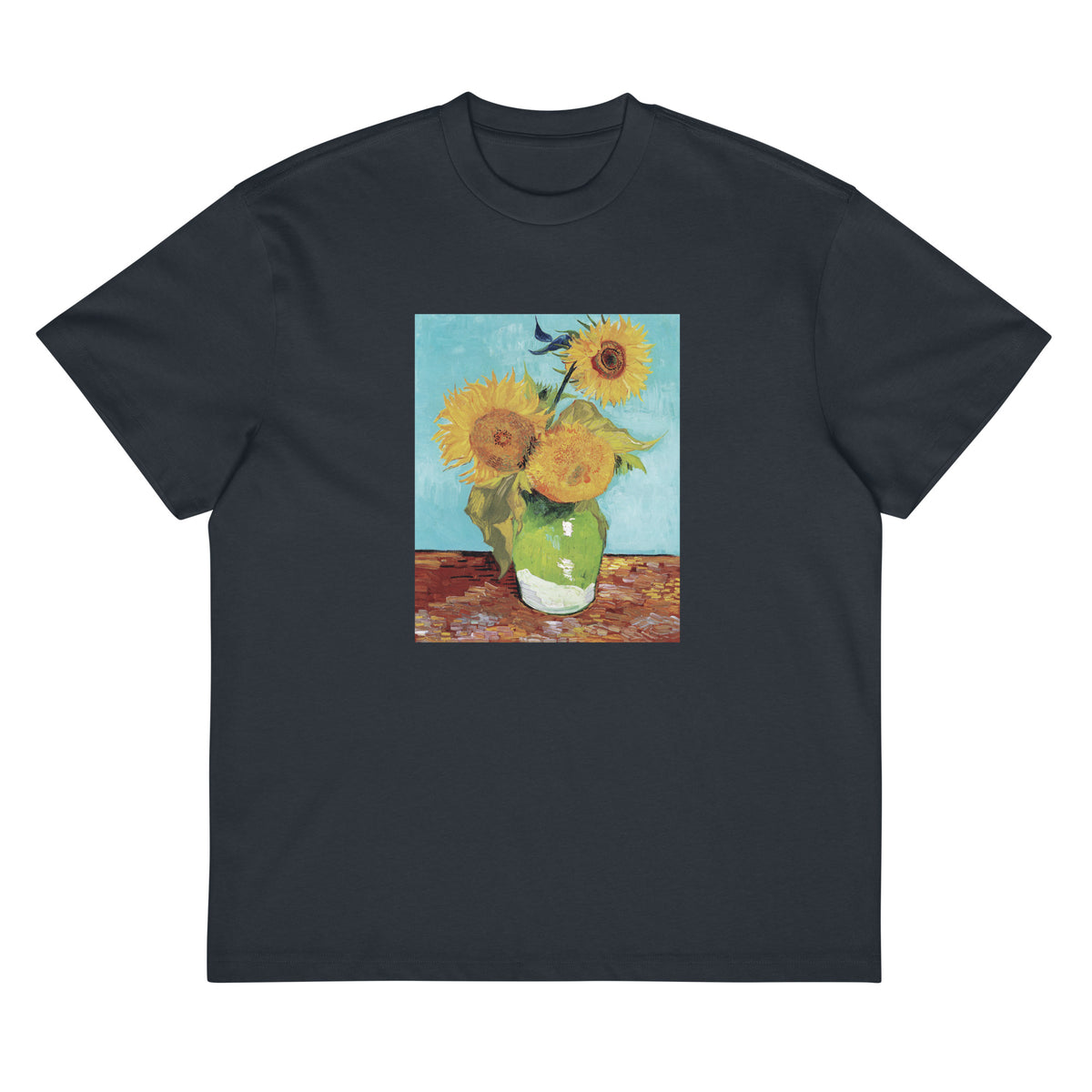 Navy T-shirt Vincent Van Gogh S Vase With Three Sunflowers Famous Painting Signature