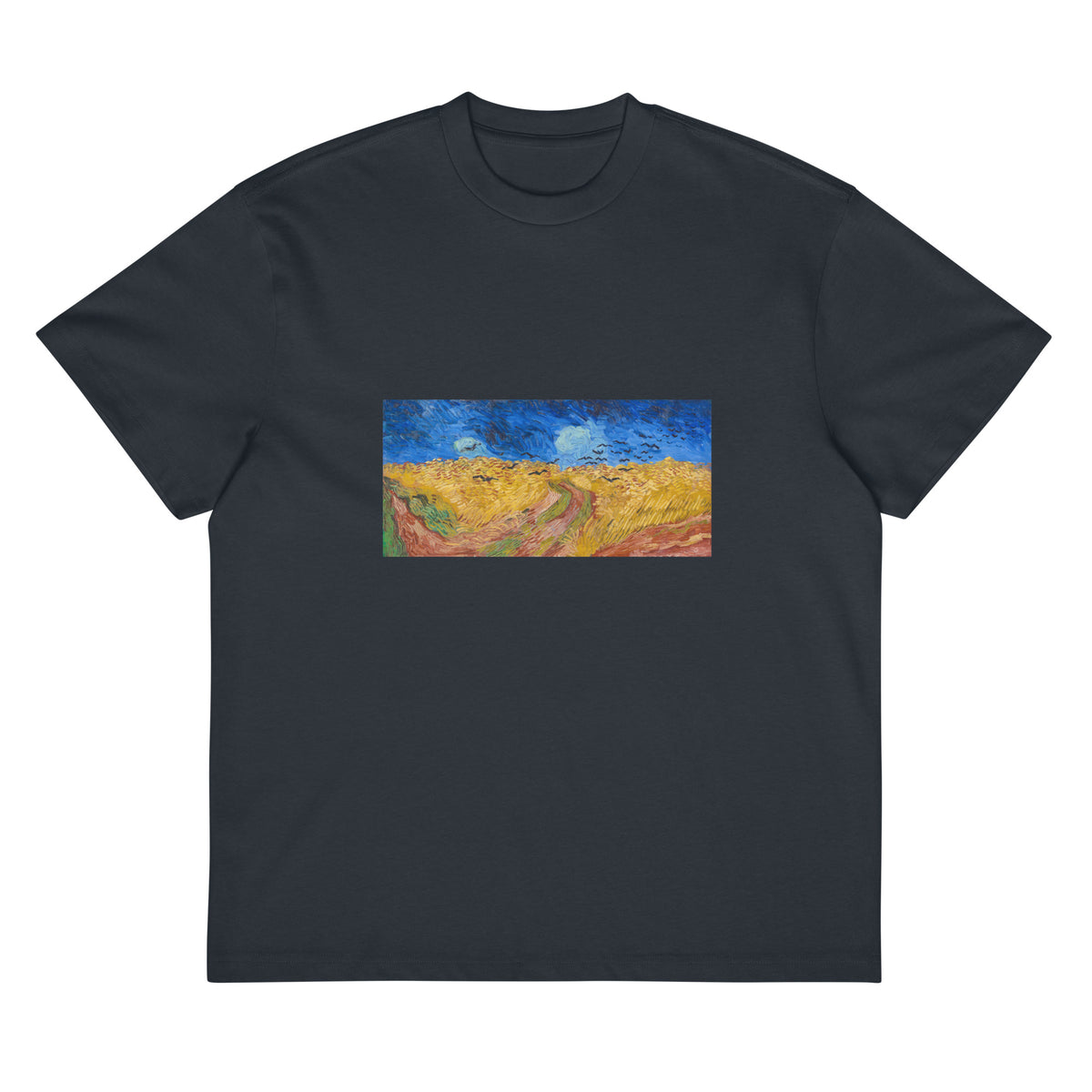 Navy T-shirt Vincent Van Gogh S Wheatfield With Crows Famous Landscape Painting Signature
