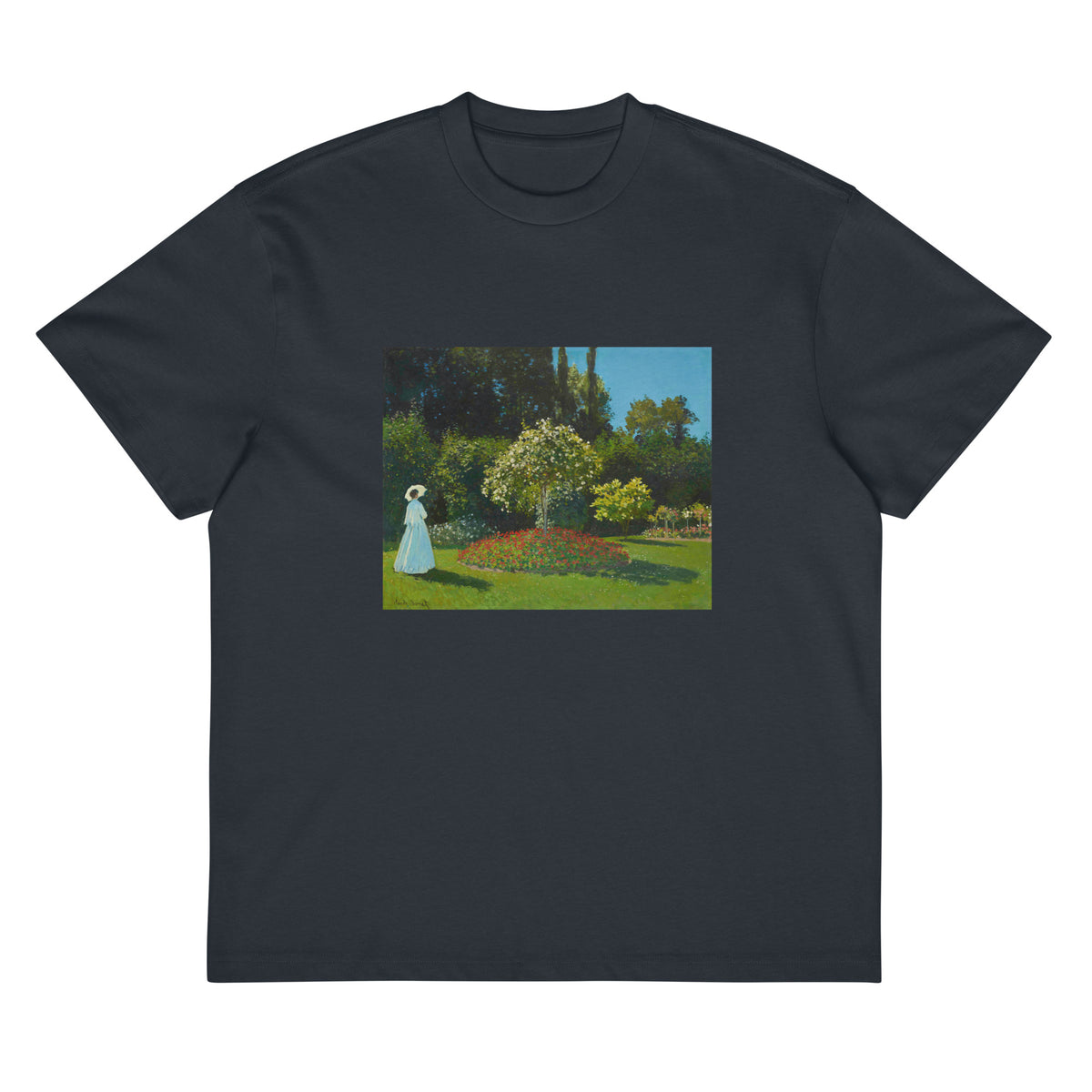 Navy T-shirt Claude Monet S Lady In The Garden Famous Painting Signature