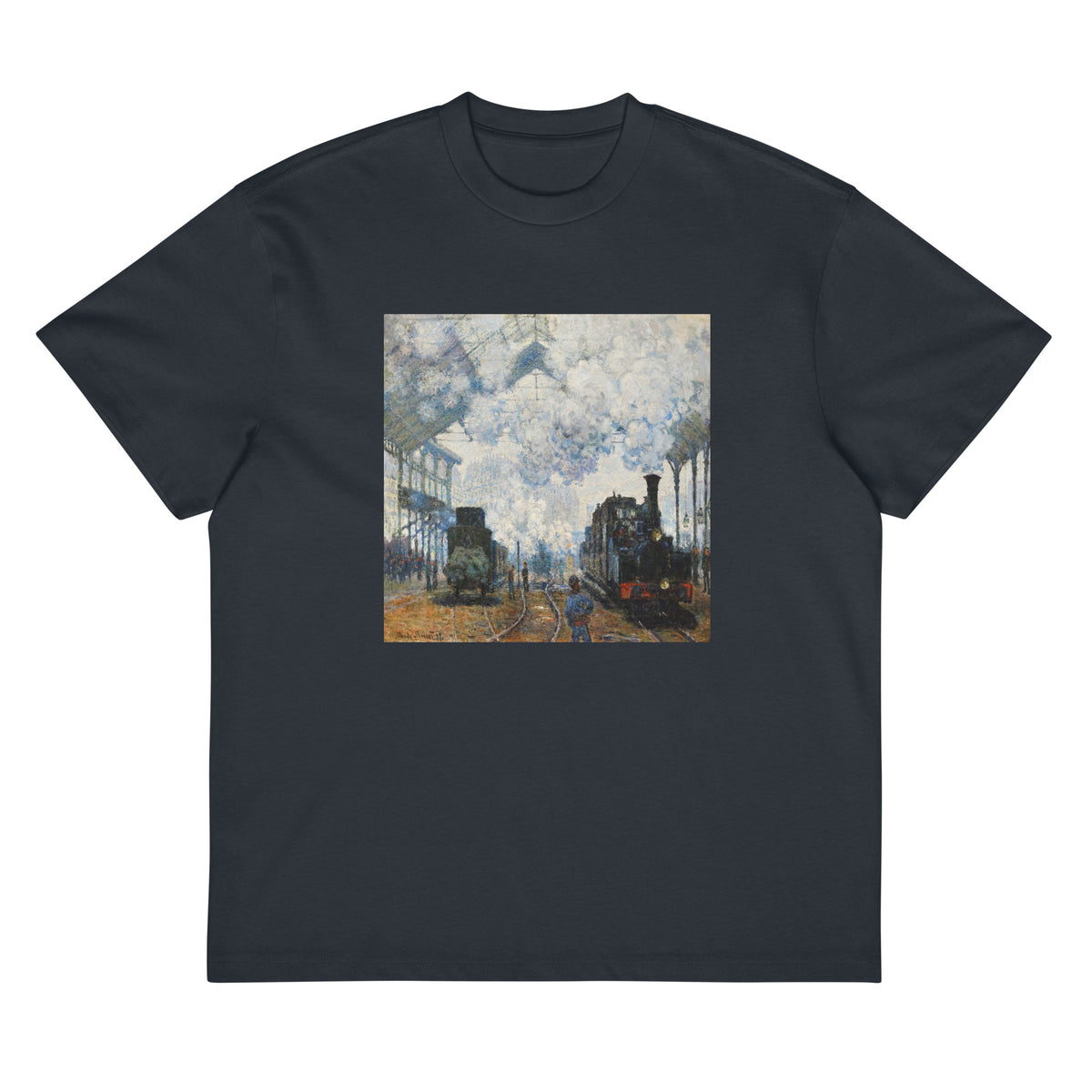 Navy T-shirt Claude Monet S Arrival Of The Normandy Train Famous Painting Signature