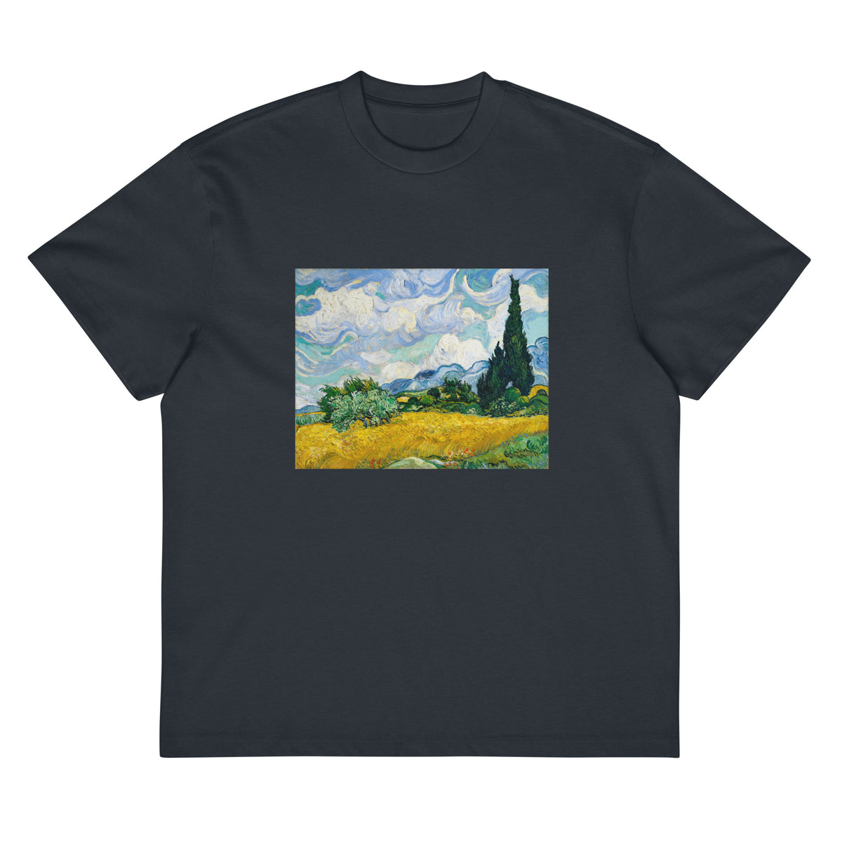 Navy T-shirt Vincent Van Gogh S Wheat Field With Cypresses Famous Painting Signature