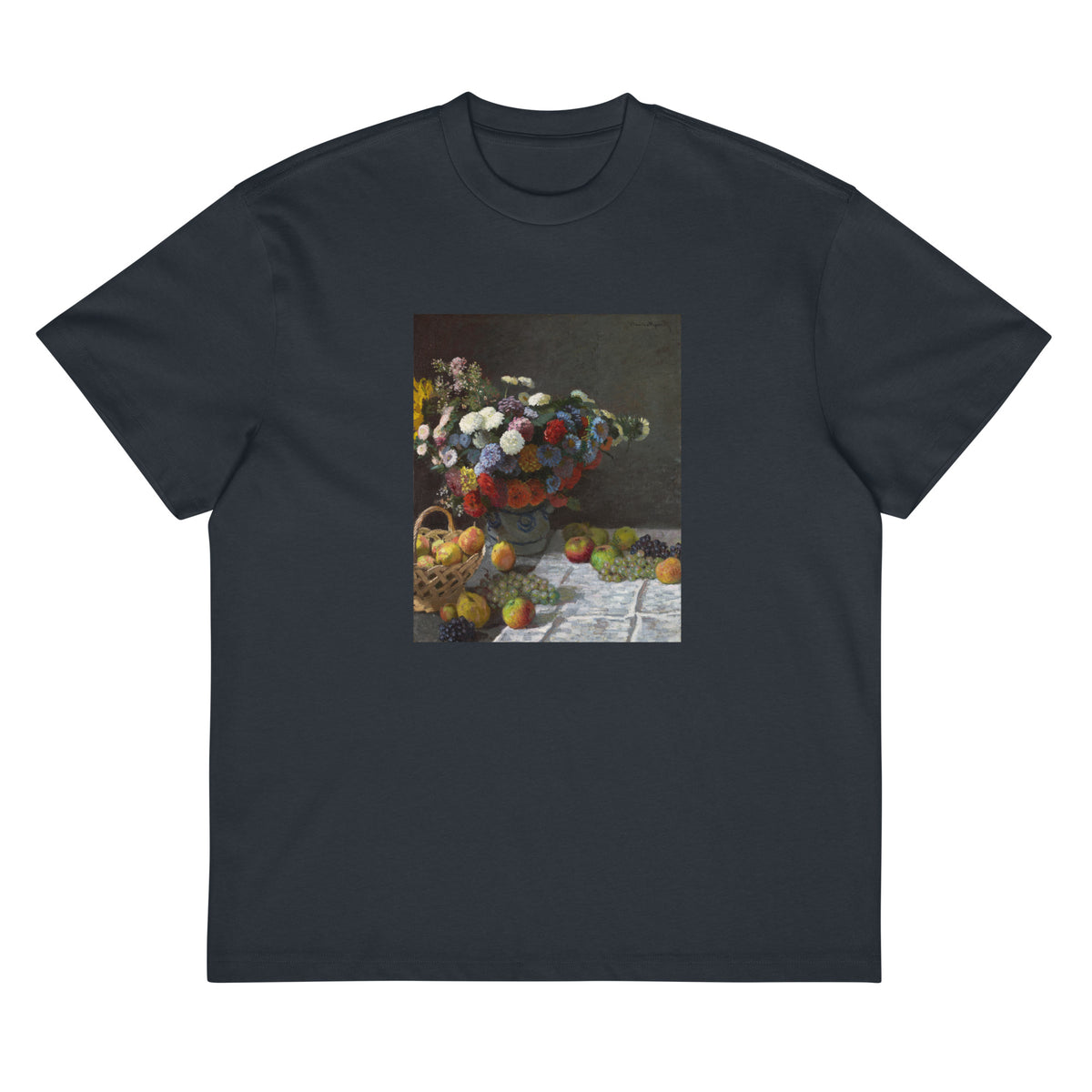 Navy T-shirt Still Life With Flowers And Fruit Signature