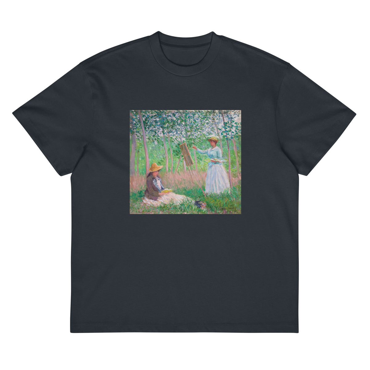 Navy T-shirt In The Woods At Giverny Blanche Hoschede At Her Easel With Suzanne Hoschede Reading Signature