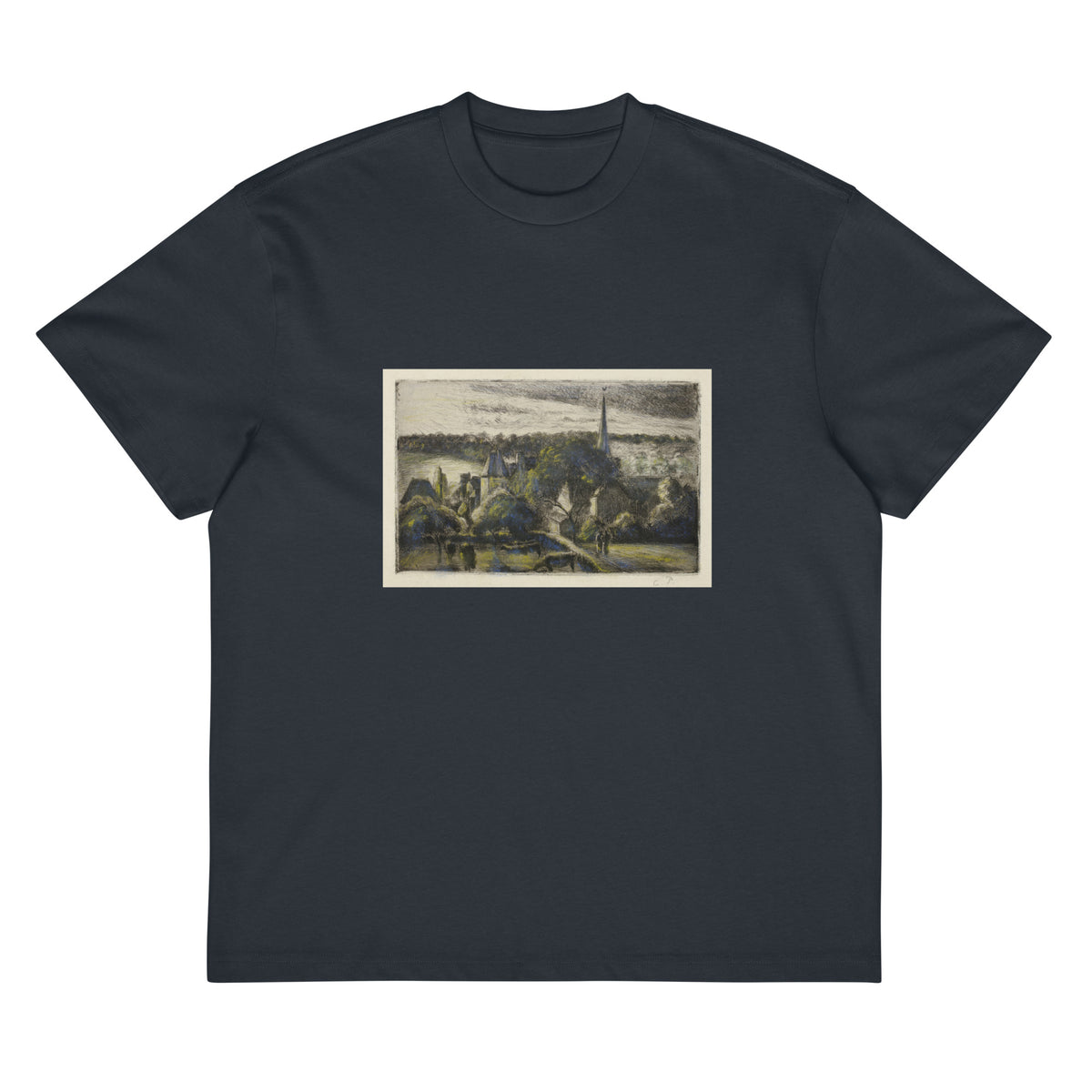 Navy T-shirt Church And Farm At Eragny Signature