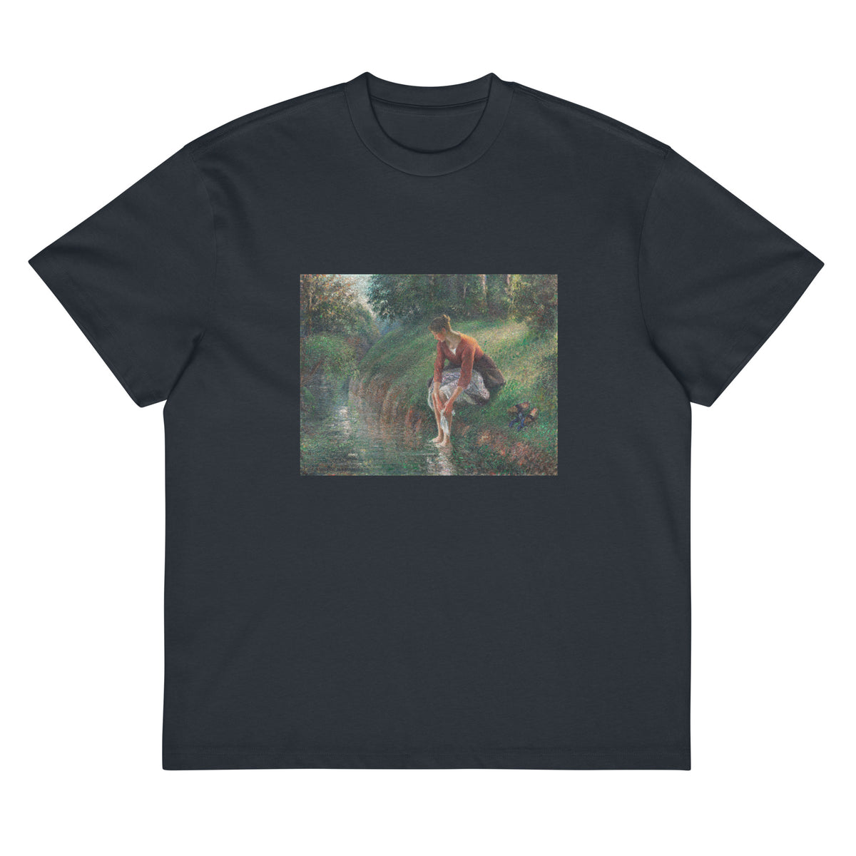 Navy T-shirt Woman Bathing Her Feet In A Brook Signature