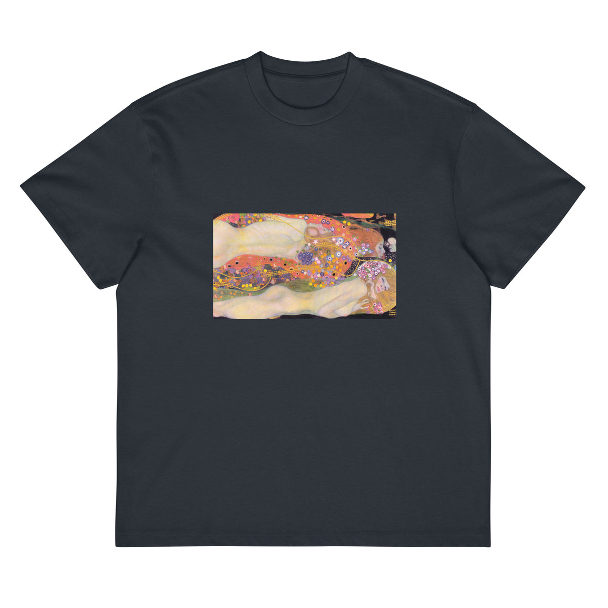 Navy T-shirt Gustav Klimt Water Serpents II Famous Painting Signature