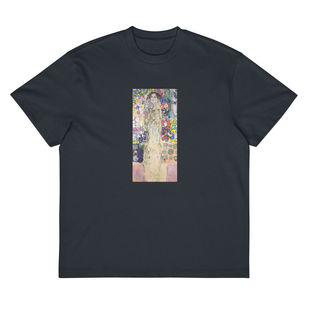 Navy T-shirt Gustav Klimt Portrait Of Maria Munk Famous Painting Signature