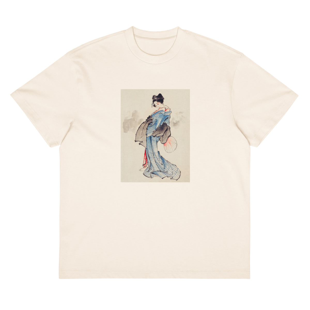 White T-shirt Woman Full-Length Portrait Standing Facing Left Holding Fan In Right Hand Wearing Kimono With Check Design - Katsushika Hokusai 1760 Signature