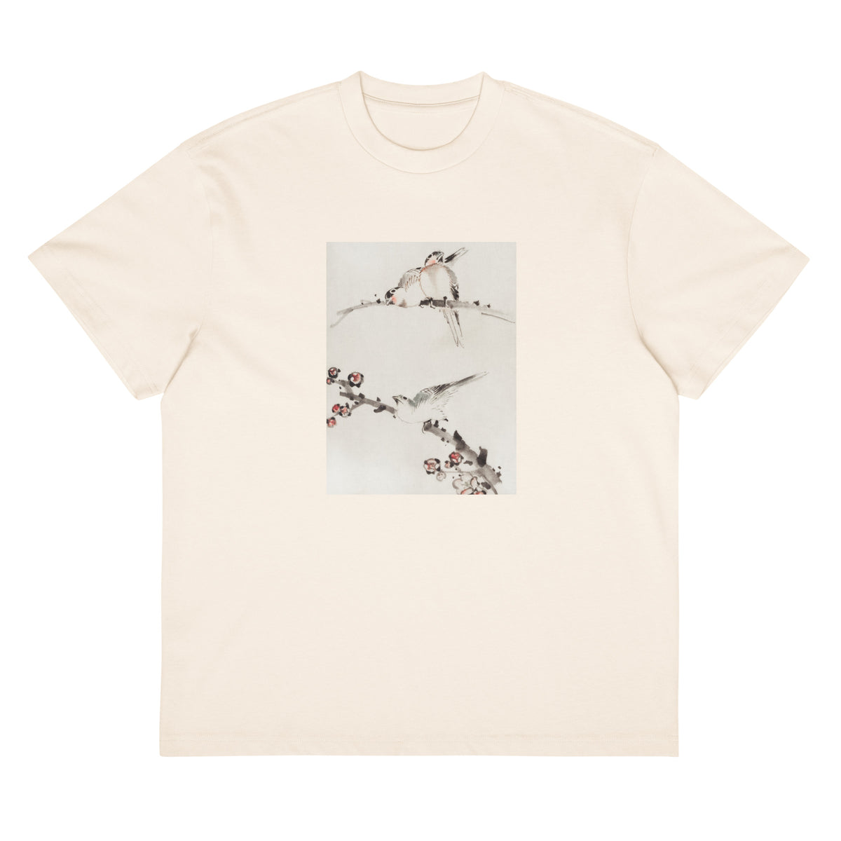 White T-shirt Three Birds Perched On Branches One With Blossoms - Katsushika Hokusai Published Between 1830 And 1850 An Illustration Of Three Birds Perched On Branches One With Blossoms Signature