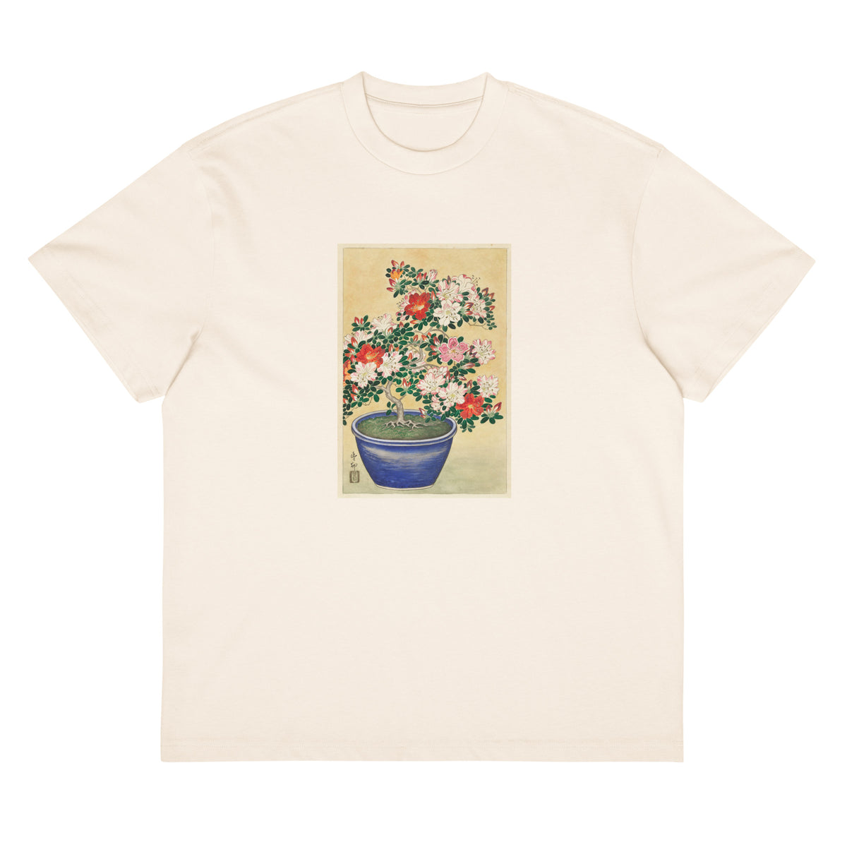 White T-shirt Blooming Azalea In Blue Pot - Ohara Koson 1920 Signature
