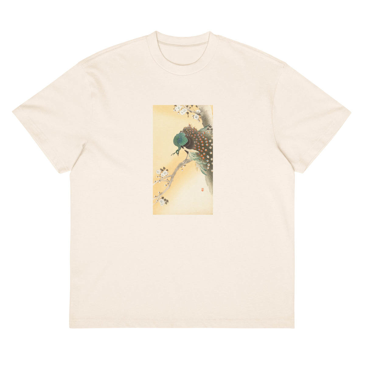 White T-shirt Peacock On A Cherry Blossom Tree - Ohara Koson 1900 Signature