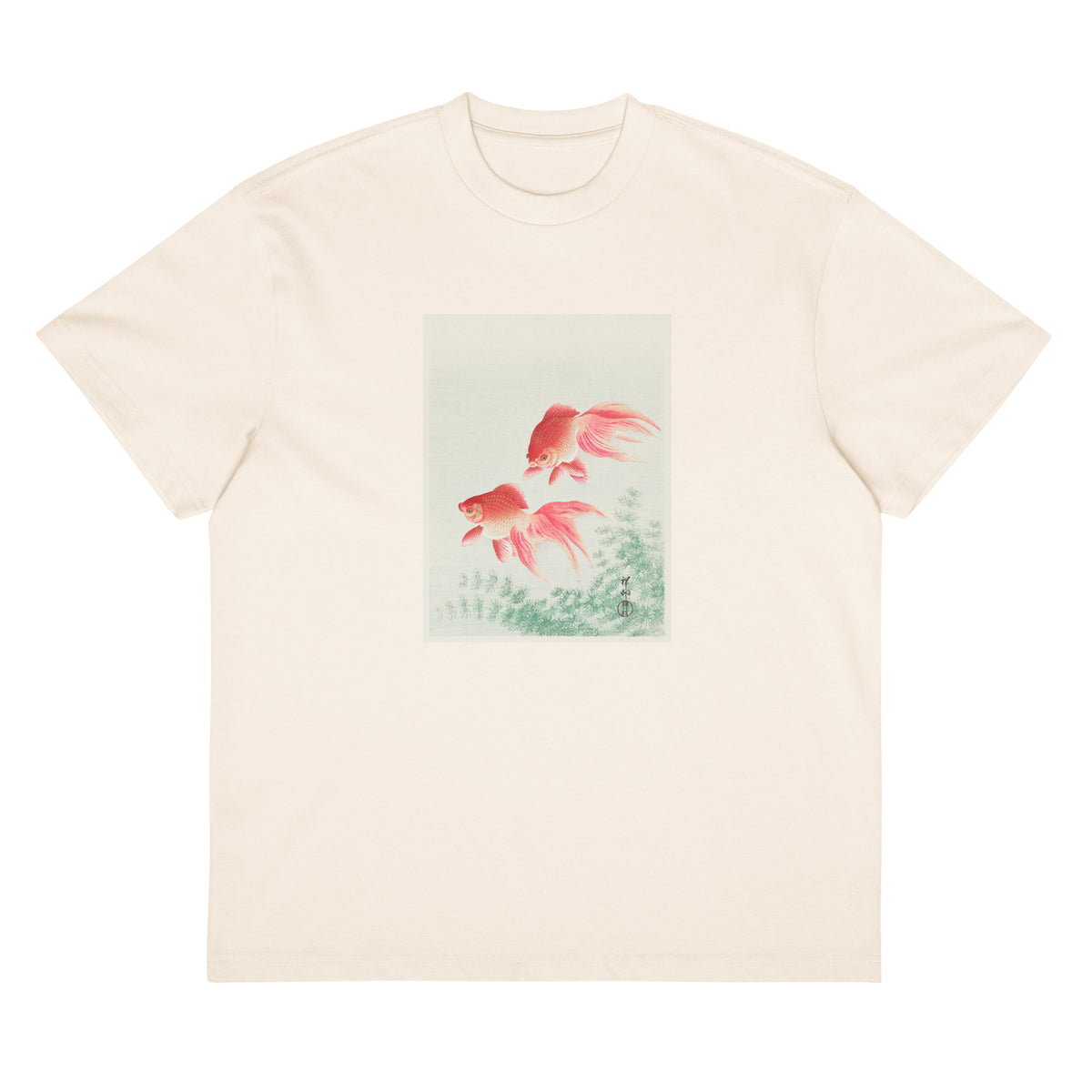 White T-shirt Two Veil Goldfish - Ohara Koson 1926 Signature