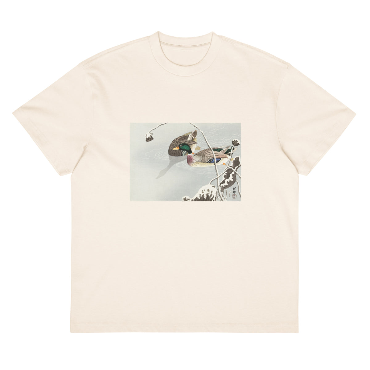 White T-shirt Two Mallards Near A Snow-Covered Lotus - Ohara Koson 1925 Signature