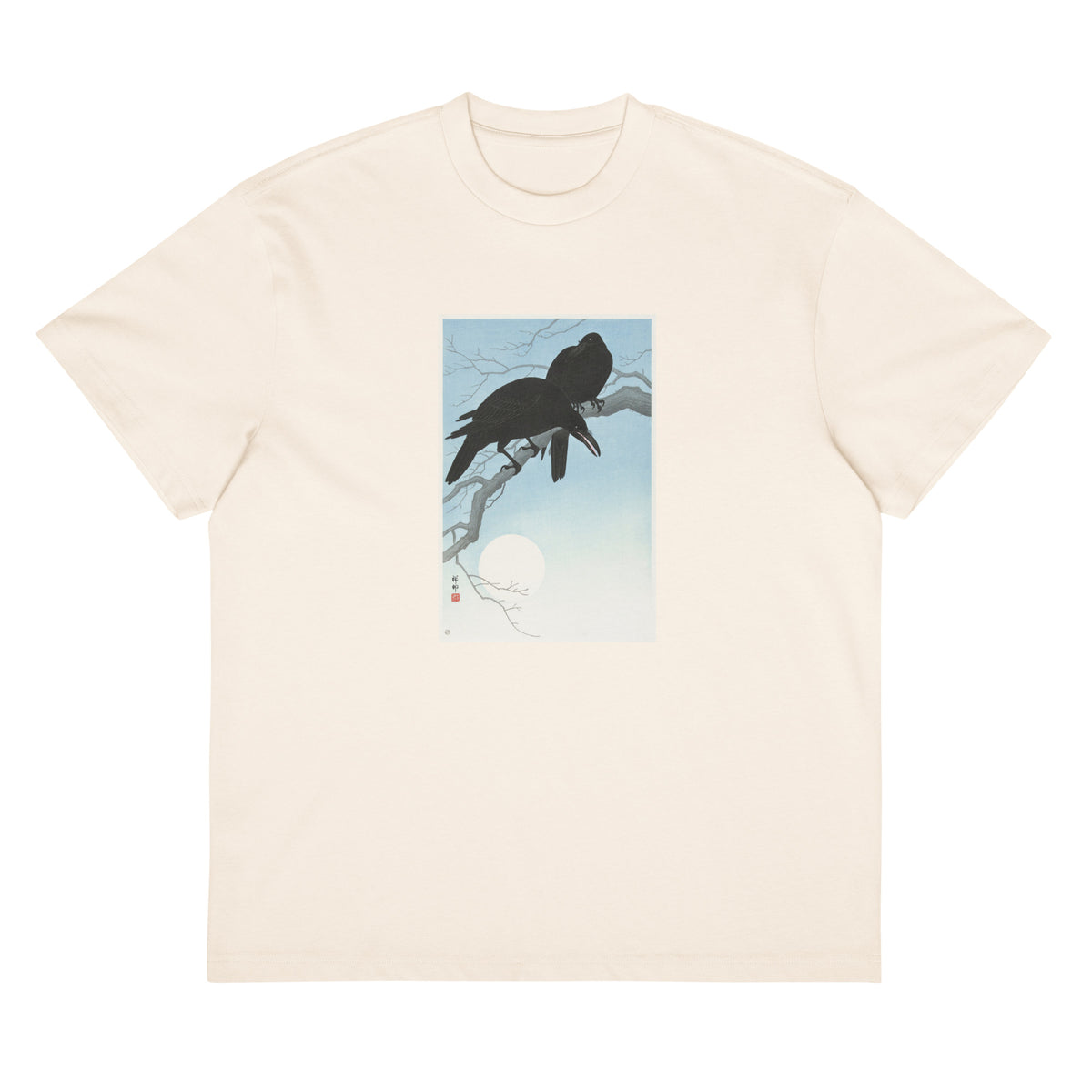 White T-shirt Two Crows On A Branch - Ohara Koson 1927 Signature