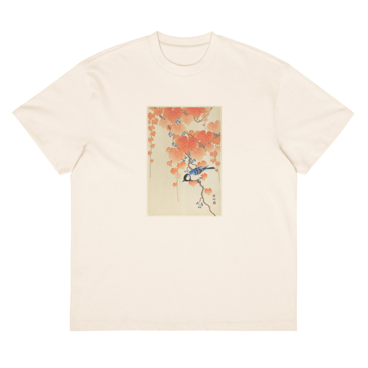 White T-shirt Great Tit On Paulownia Branch - Ohara Koson 1925 Signature