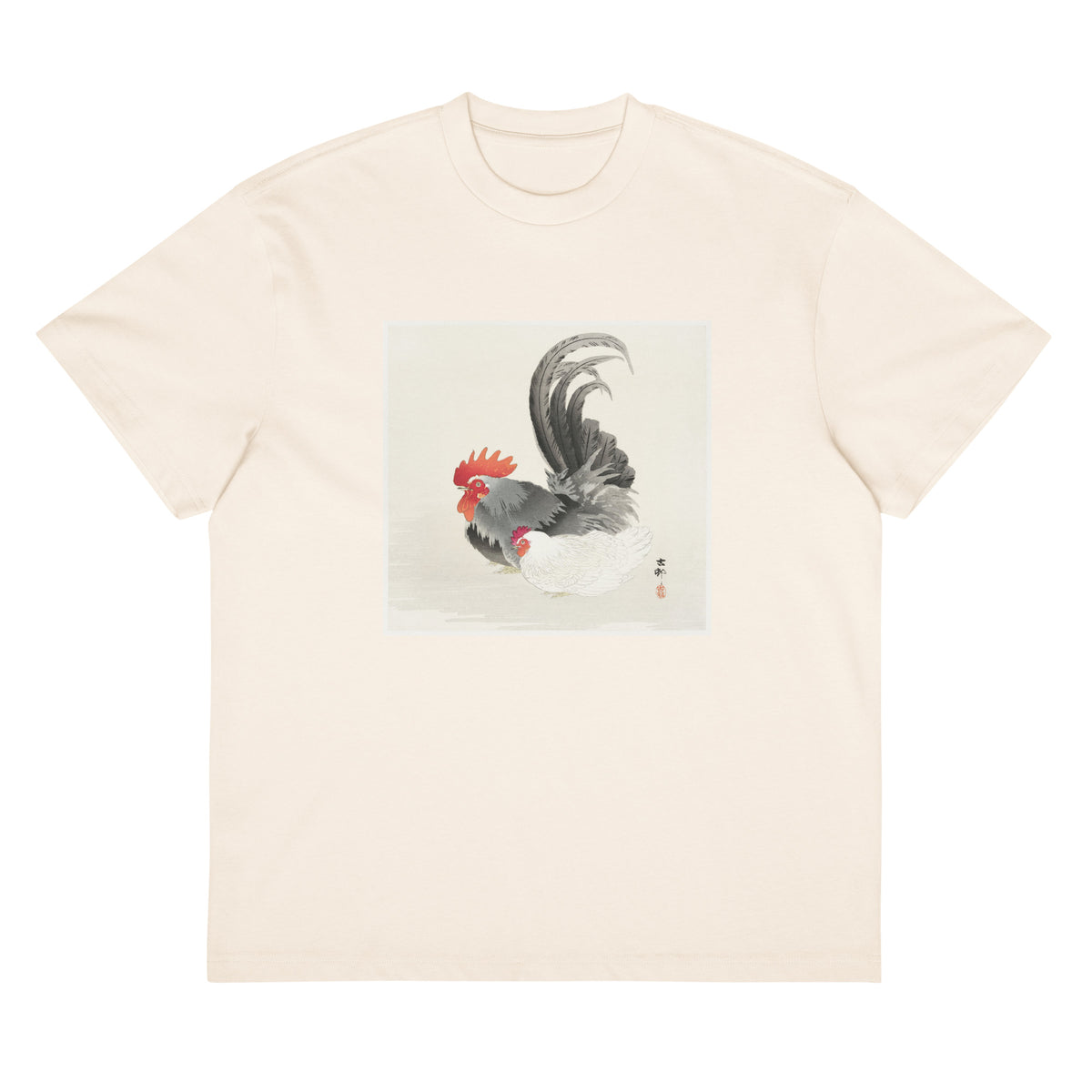 White T-shirt Chicken And Cock - Ohara Koson 1900 Signature