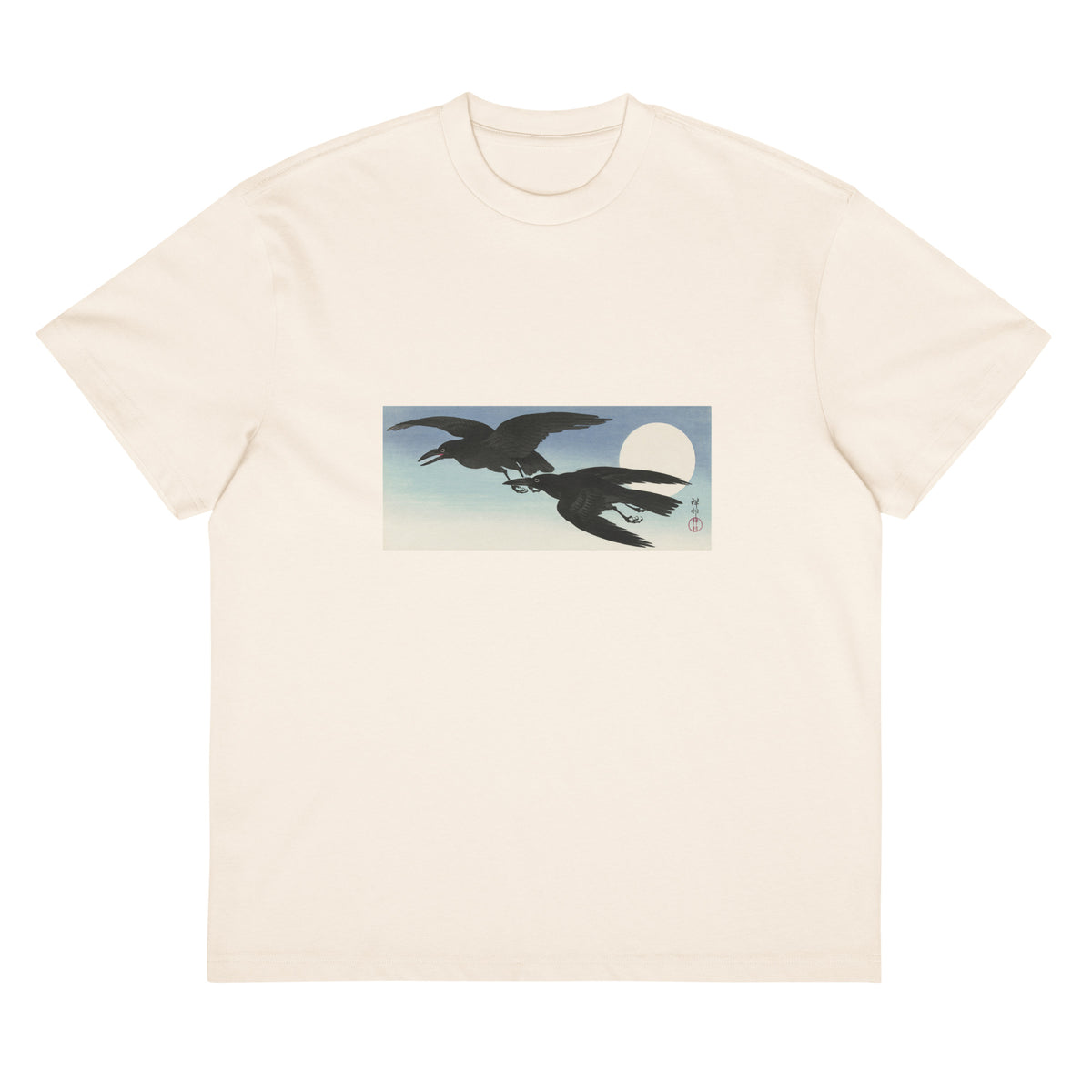 White T-shirt Crows At Full Moon - Ohara Koson 1925 Signature