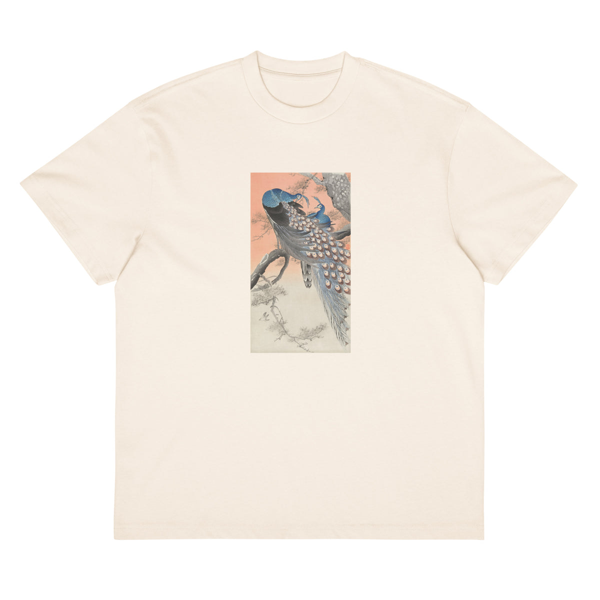 White T-shirt Two Peacocks On Tree Branch - Ohara Koson 1900 Signature