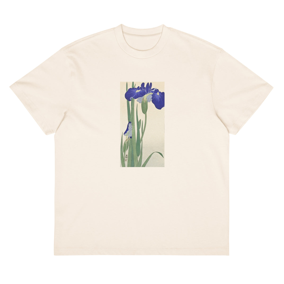 White T-shirt Blue Irises - Ohara Koson 1900 Signature