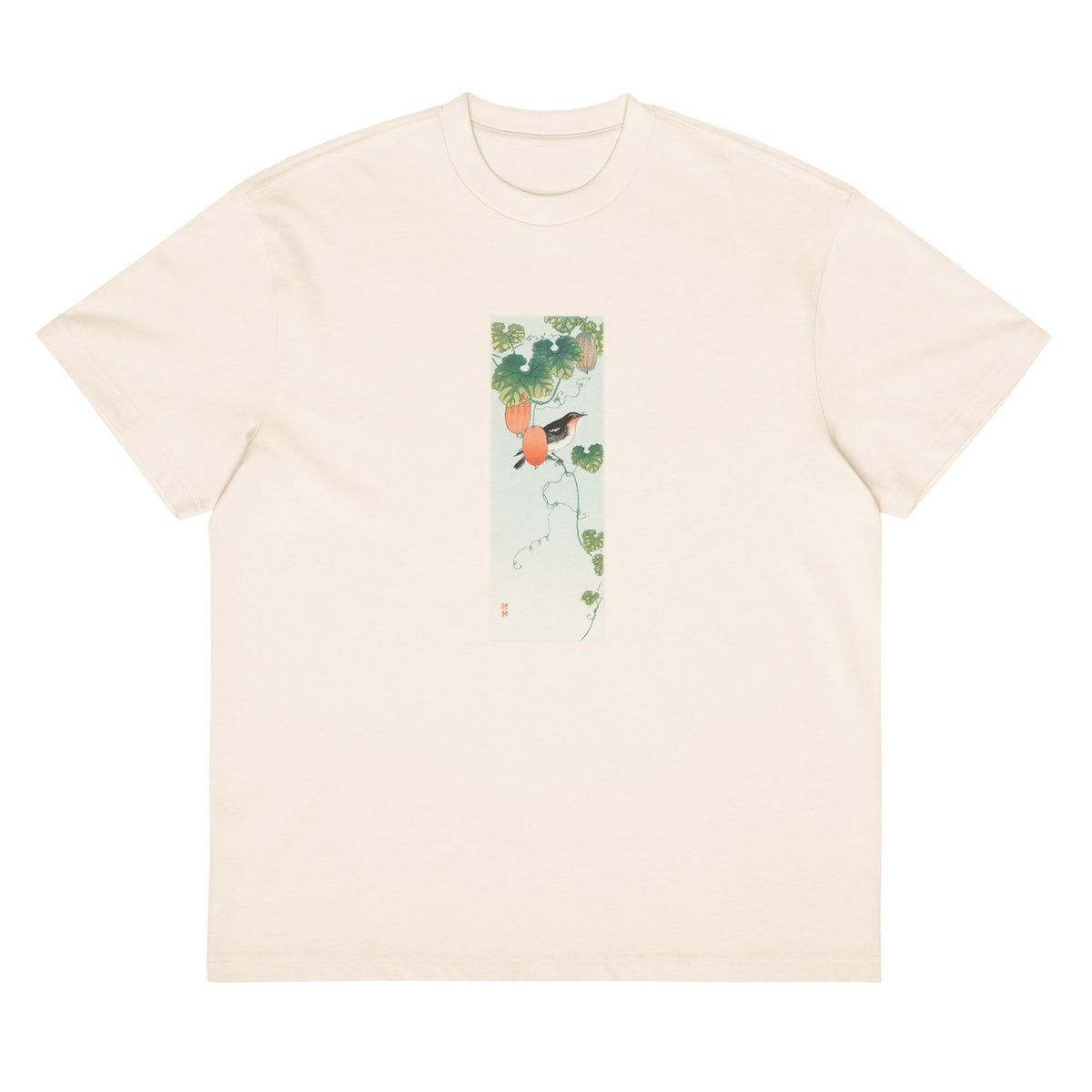White T-shirt Songbird In Cucumber Plant - Ohara Koson 1925 Signature