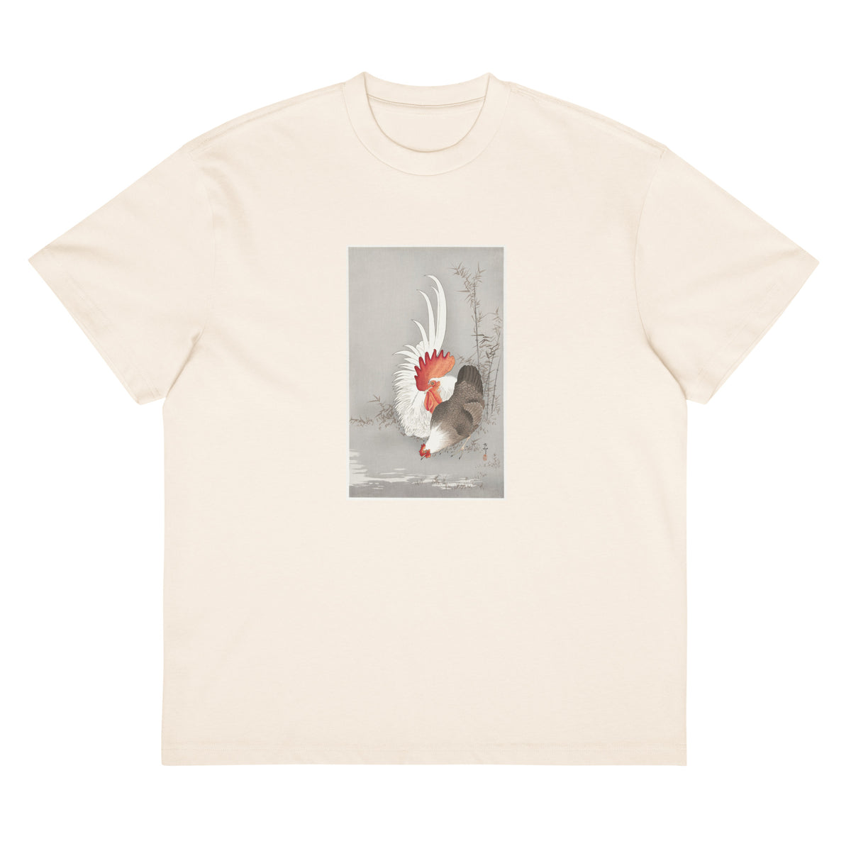 White T-shirt Rooster And Chicken - Ohara Koson 1900 Signature