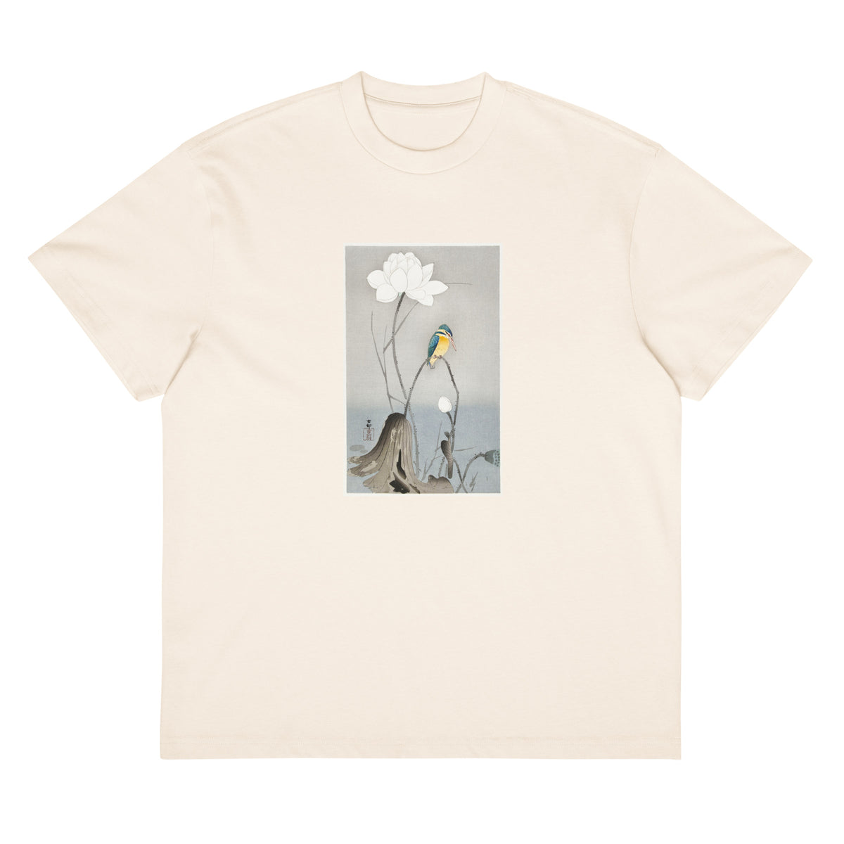 White T-shirt Kingfisher With Lotus Flower - Ohara Koson 1900 Signature