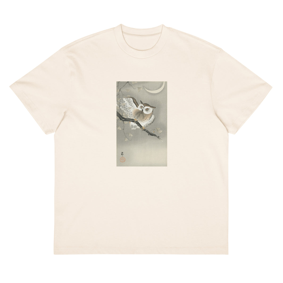 White T-shirt Long-Eared Owl In Ginkgo - Ohara Koson 1900 Signature