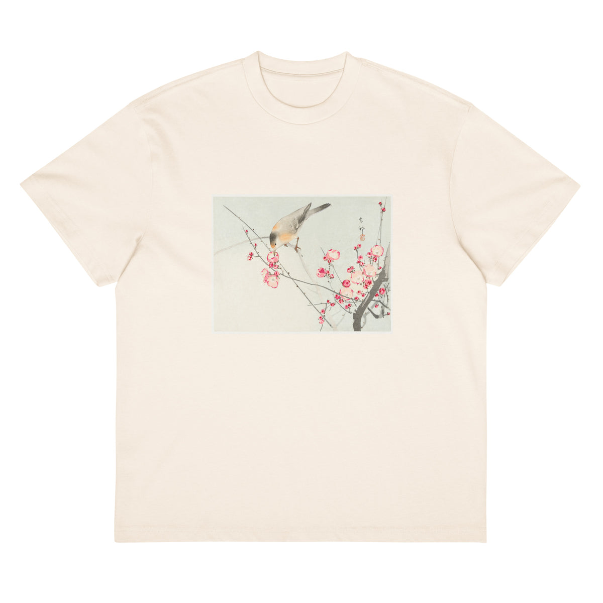 White T-shirt Songbird On Blossom Branch - Ohara Koson 1900 Signature
