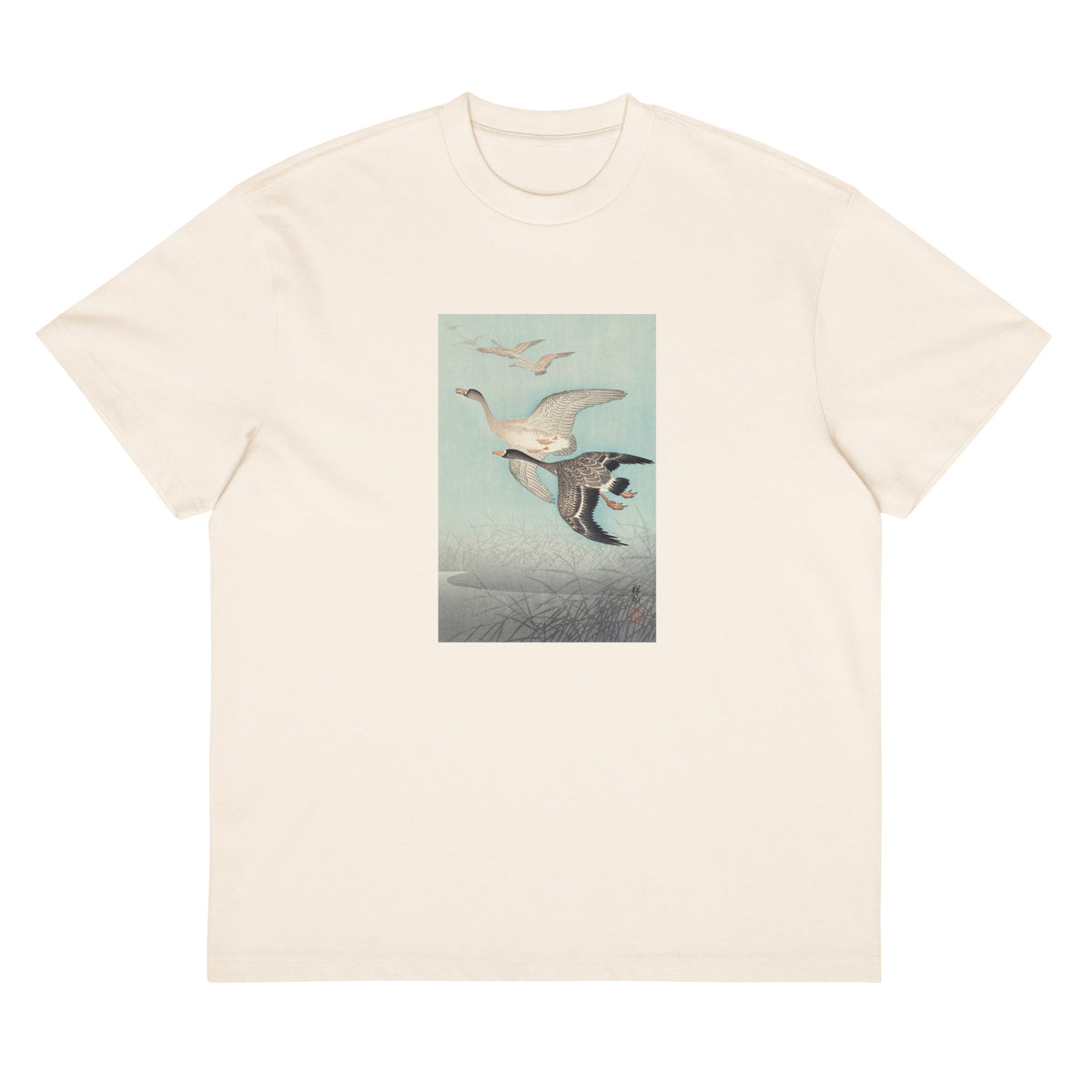 White T-shirt Great Geese In Flight - Ohara Koson 1925 Signature