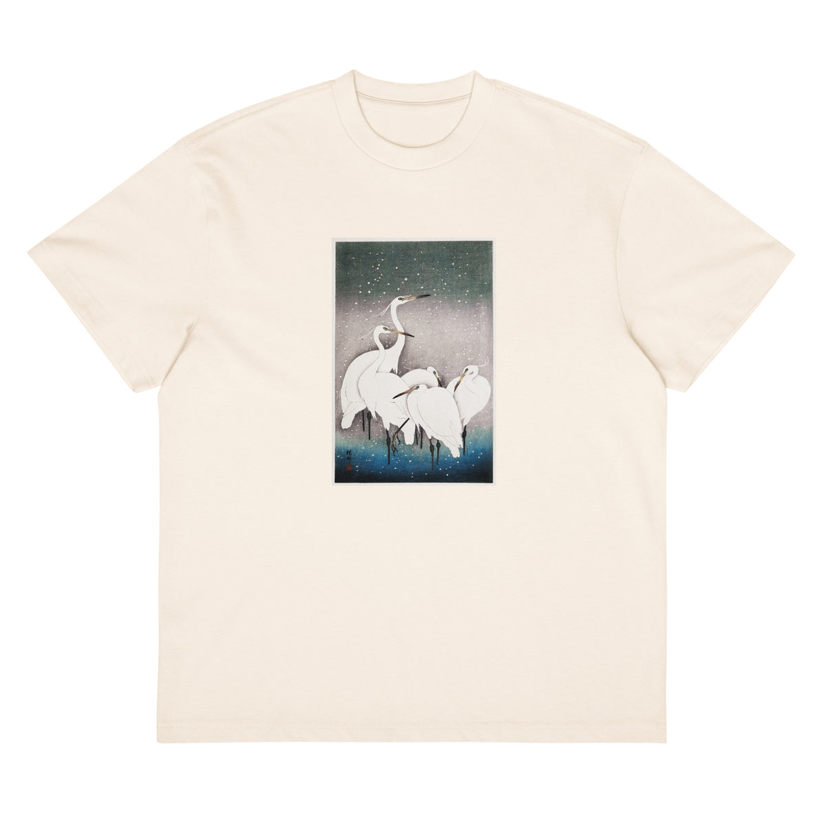 White T-shirt Group Of Egrets - Ohara Koson 1925 Signature